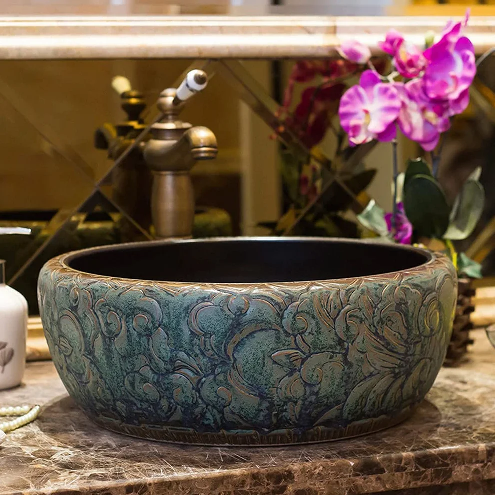 Umywalka Ceramiczna Nablatowa W Stylu Retro, Okrągła, Ręcznie Robiona, Umywalka Łazienkowa, Umywalka Artystyczna, Gładka Wewnętrzna Ścianka, Łatwa Do Czyszczenia, 40 Cm /