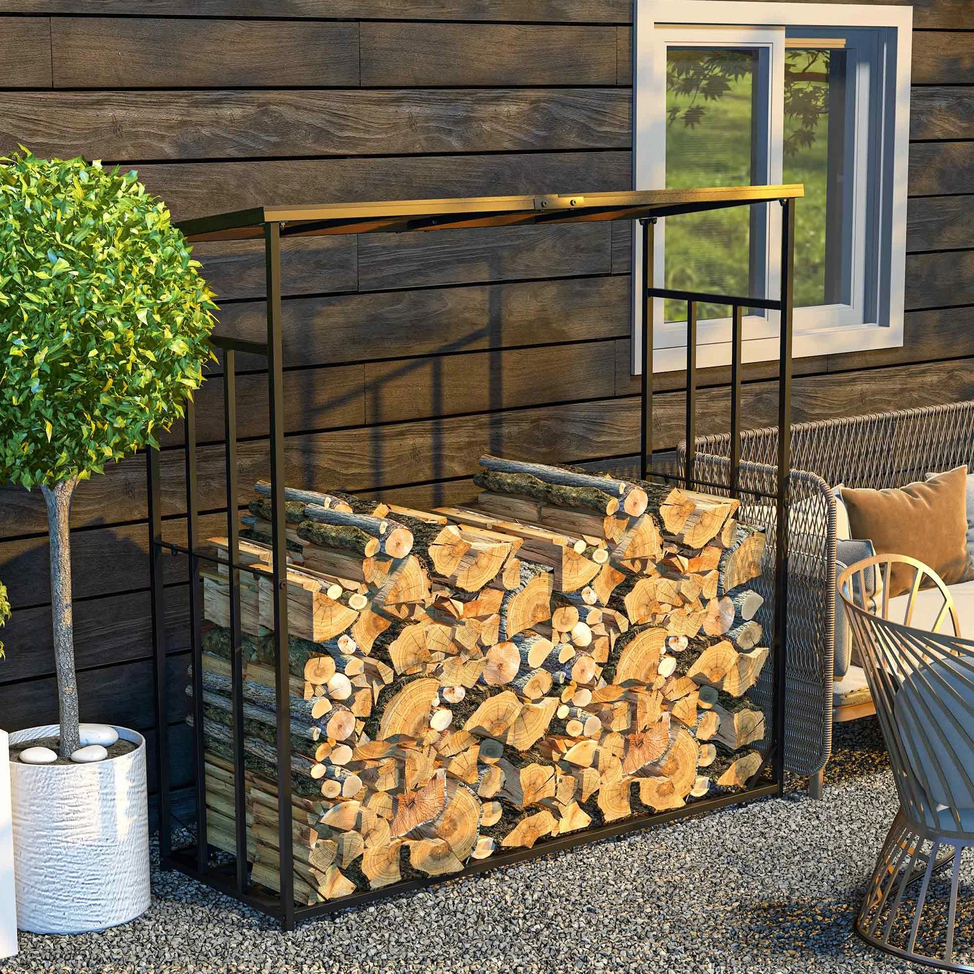 Outsunny Regał na drewno kominkowe z dachem, 185 x 67 x 185 cm, stojak na drewno opałowe, stojak na drewno opałowe, na balkon, do ogrodu, metal, czarny