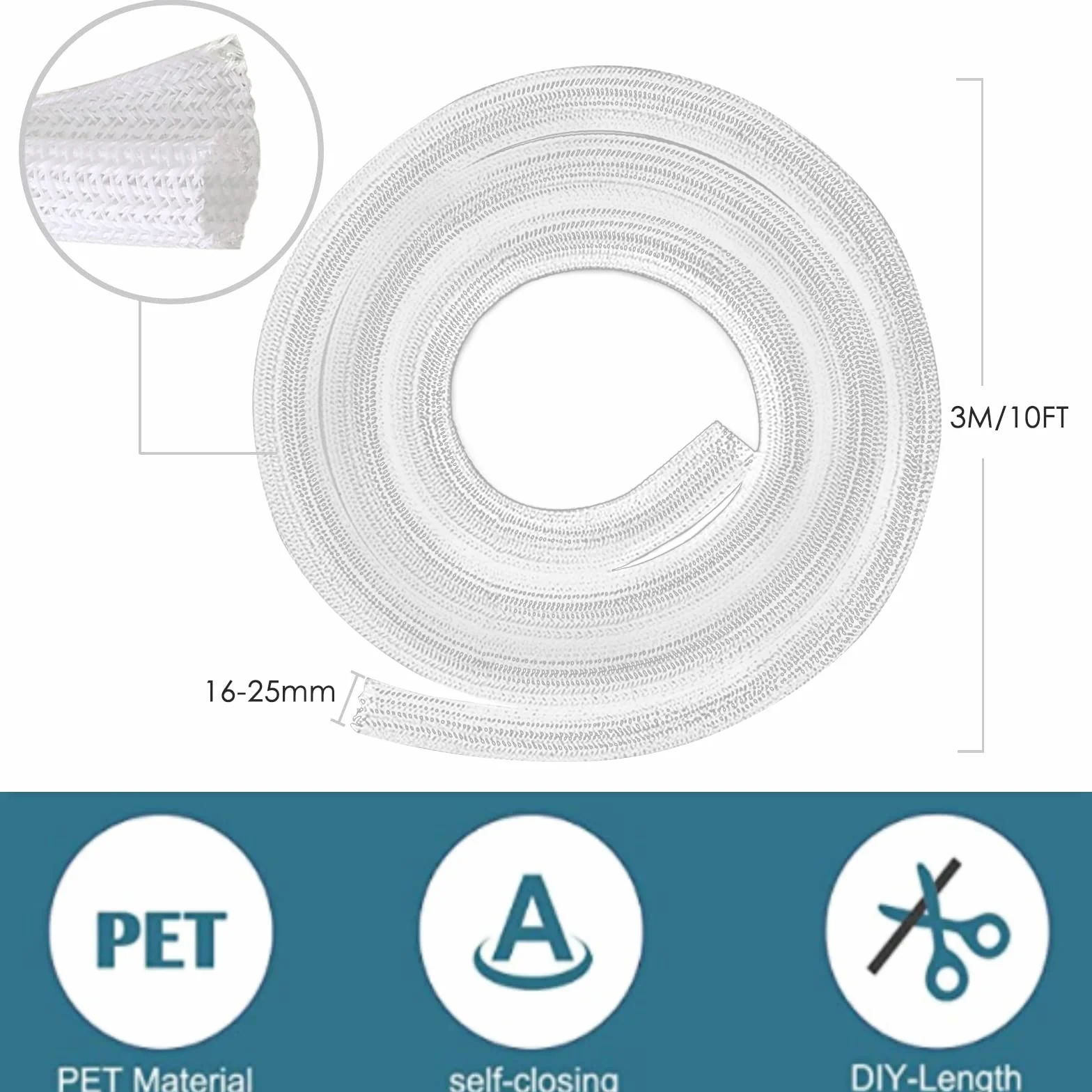 Nutabevr 3m Samozamykająca się osłona kabli, 13 mm pleciony kabel tuleja kablowa, biała elastyczna osłona organizatora kabli do domu i biura, kable samochodowe