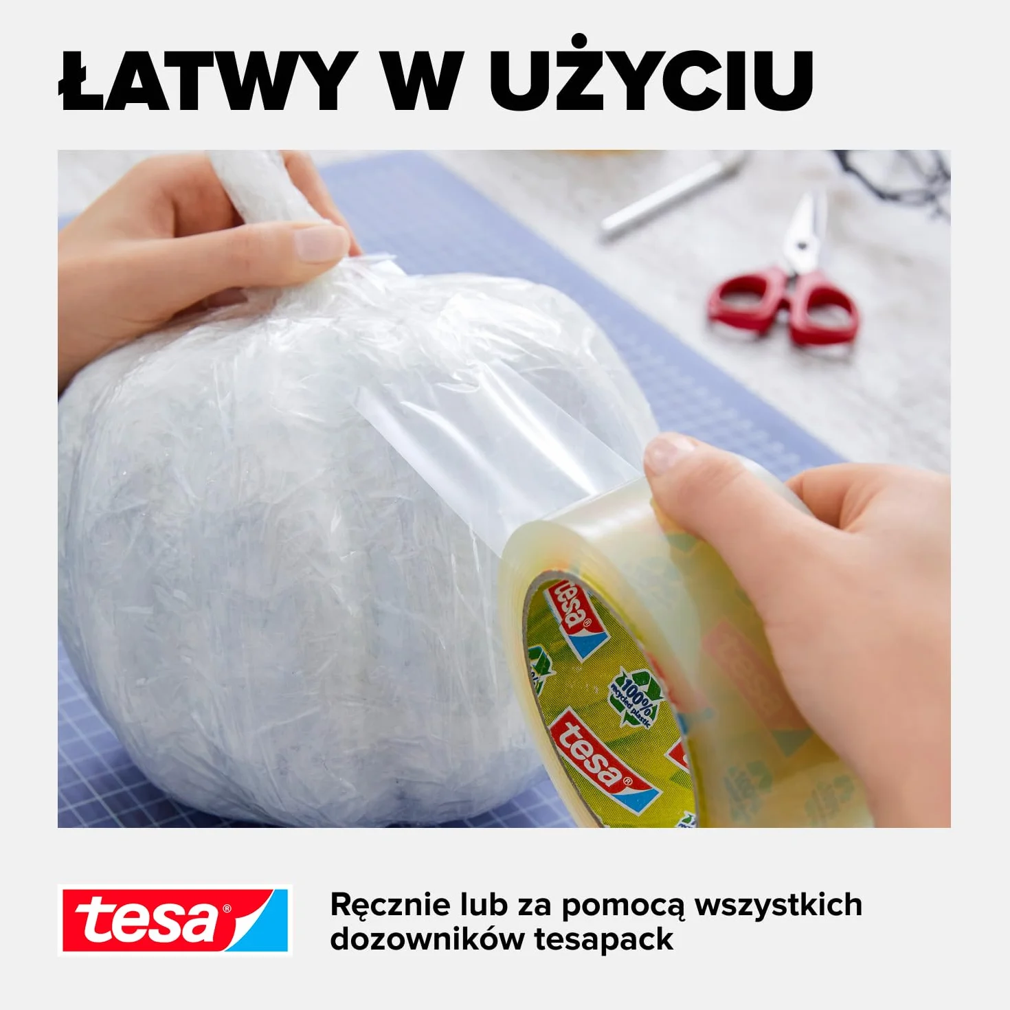 tesapack STRONG RECYCLED - taśma pakowa z 100% tworzywa z recyklingu, do paczek średniej wagi, odporna na UV i starzenie, przezroczysta, 66 m x 50 mm