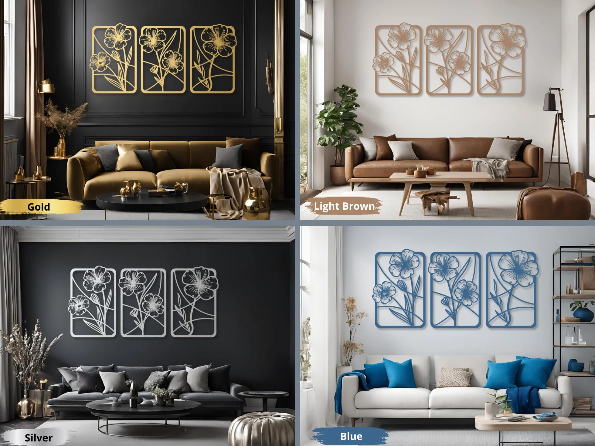 VAILLA ® Zestaw 4 dekoracji ściennych z kwiatami, dekoracja ścienna z drewna, obrazy ścienne do domu, sztuka ścienna 3D, duża dekoracja ścienna, obrazy do sypialni, salonu i kuchni (kwiaty 18)