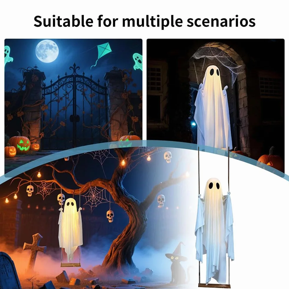 Swinging Ghost-150 cm duża wisząca huśtawka duch dekoracja na Halloween ze sznurkami świetlnymi - upiorne urocze duchy, dekoracje na przedni, ganek, podwórko, drzewo (z pilotem zdalnego sterowania)