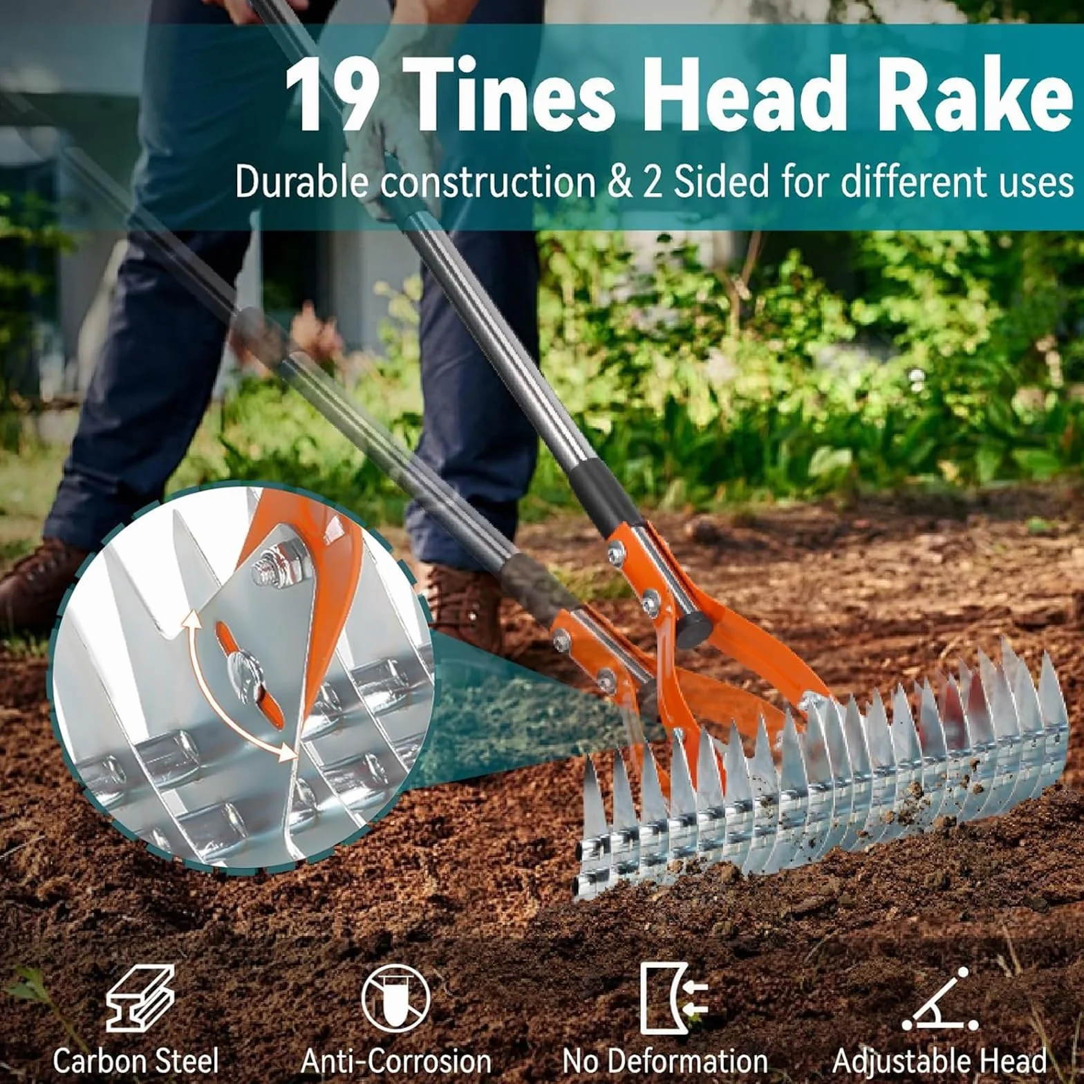 Grabie do strzechy trawnika ze stali nierdzewnej 170 cm, regulowana grabia ogrodowa