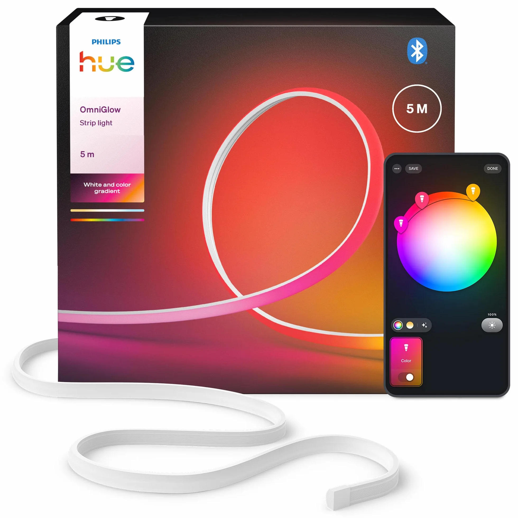 Philips Hue OmniGlow 5-metrowa taśma LED mikro LED, 4500 lm, żywe kolory i atmosfera, elastyczne oświetlenie wewnętrzne, jednolite światło, możliwość cięcia, sterowanie za pomocą aplikacji i głosem