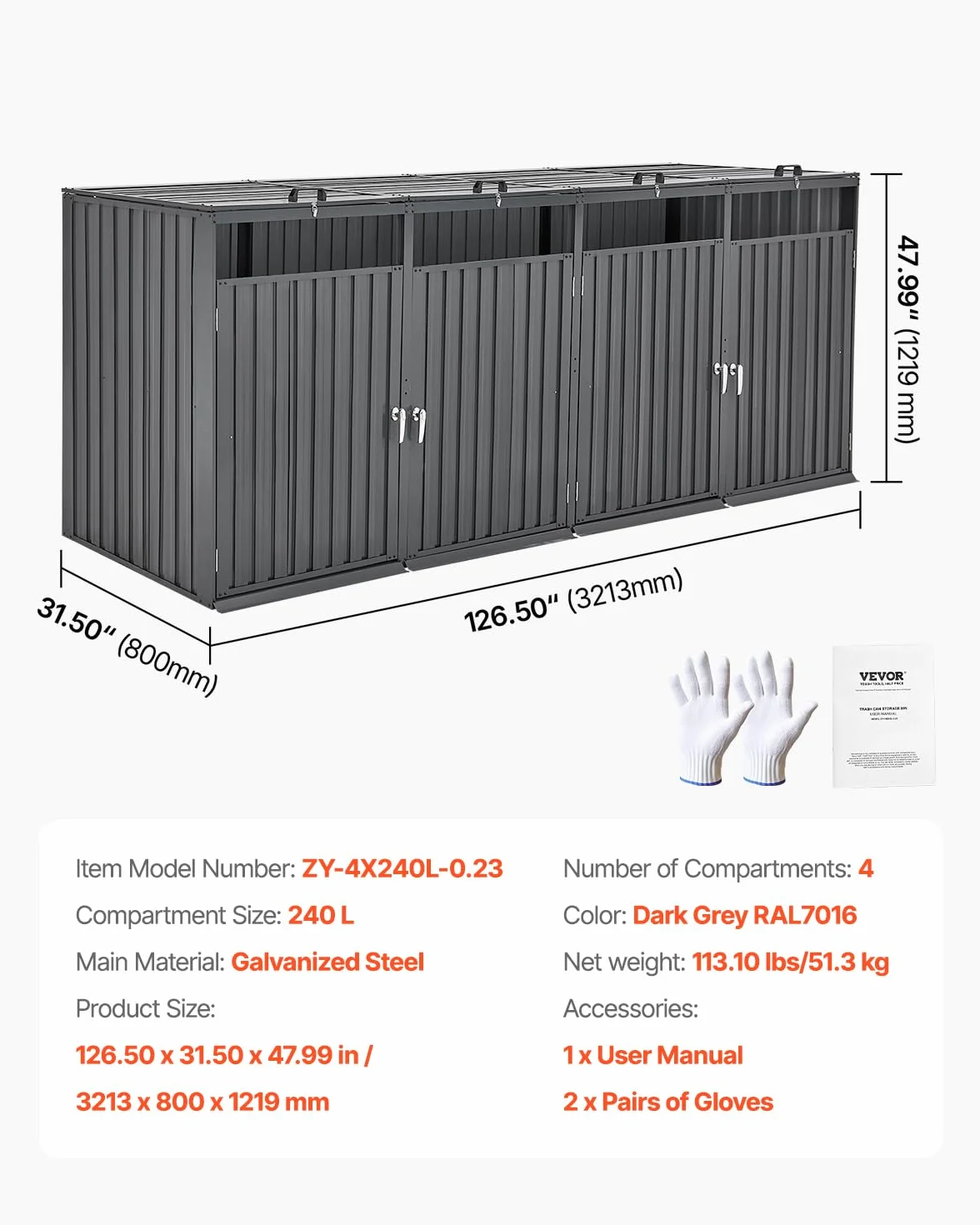 VEVOR Kosz na śmieci 4 x 130 cm stal ocynkowana zamykana szopa na śmieci