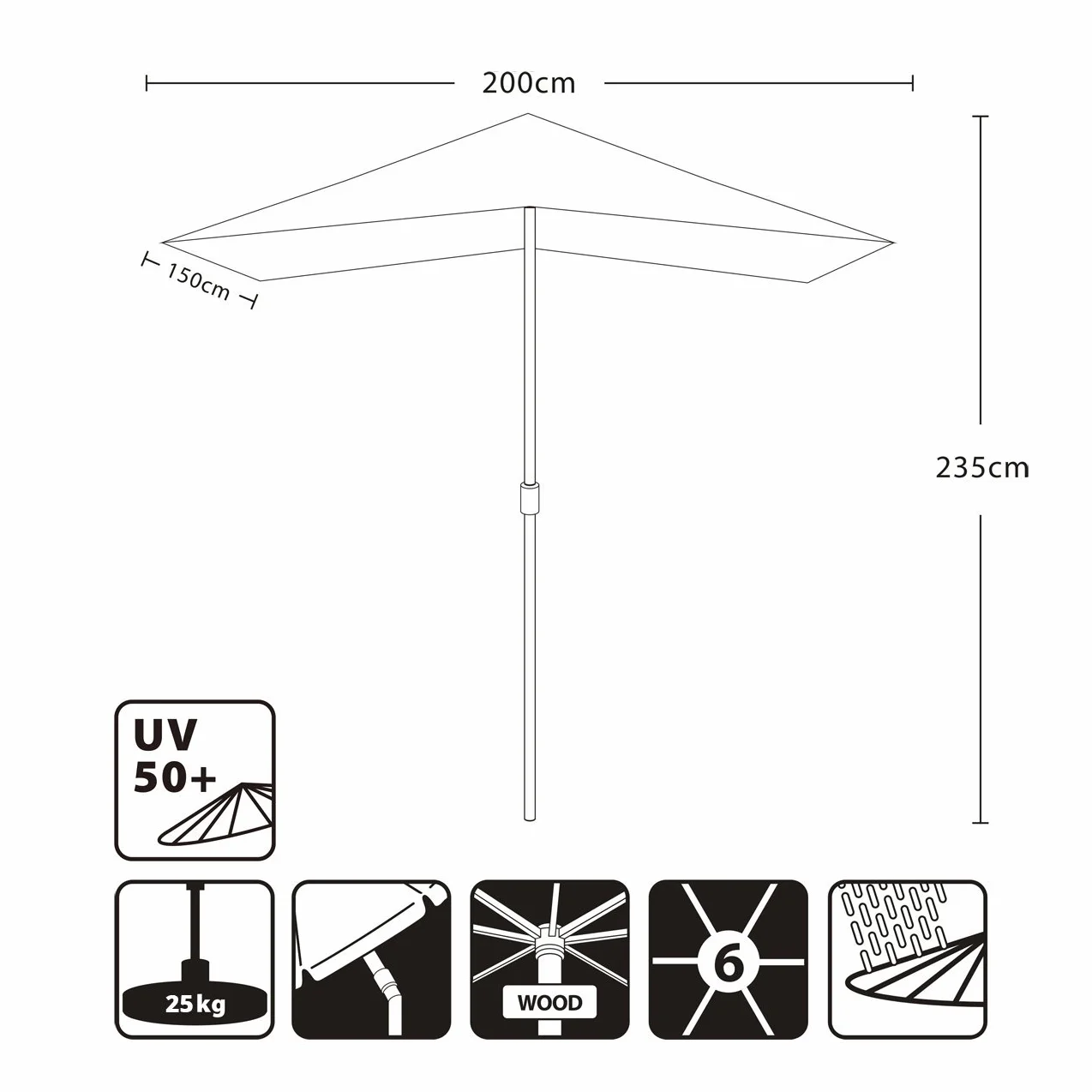 Sekey prostokątny drewniany parasol przeciwsłoneczny 200 × 150 cm ogrodowy składany UV50+