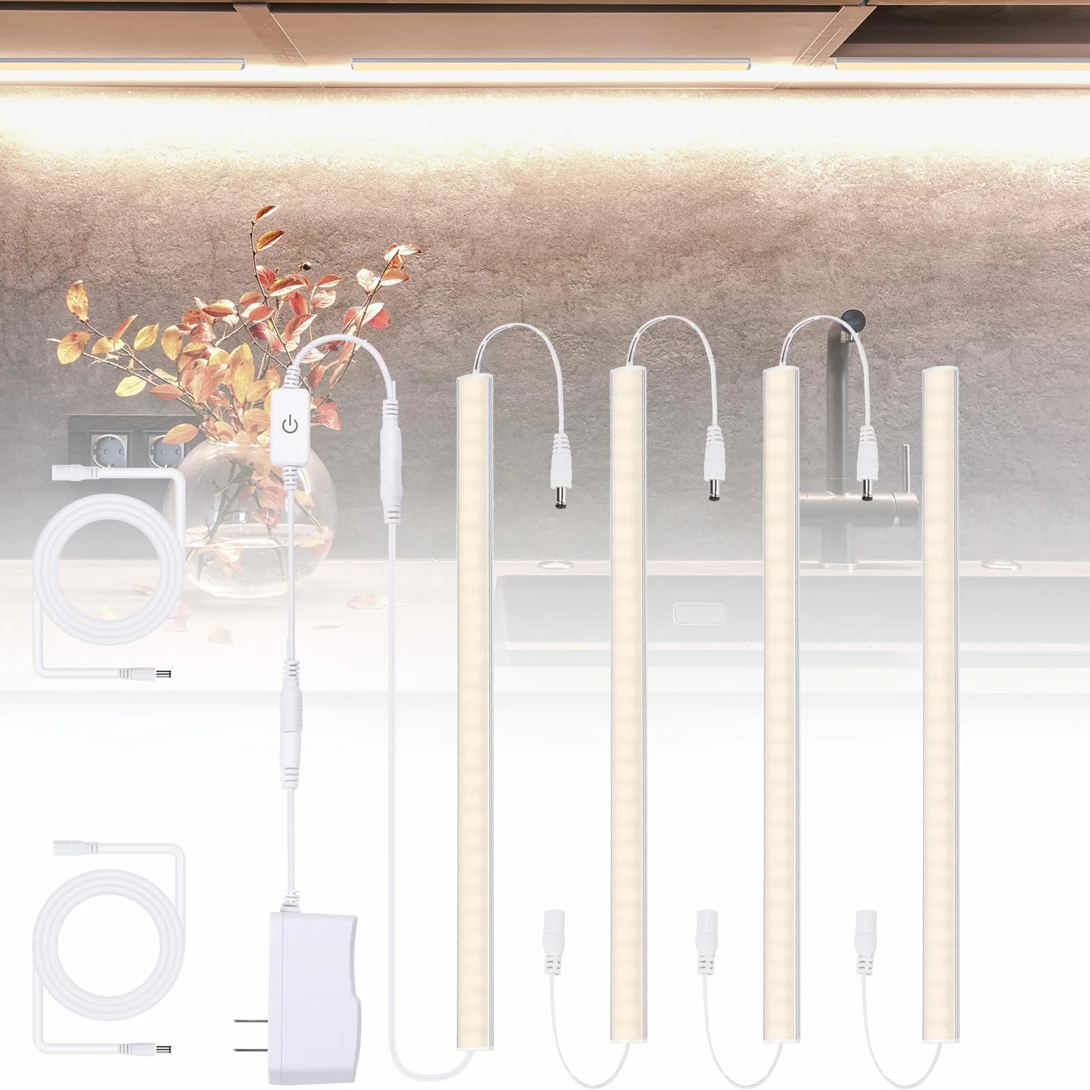 JUSJUBR Oświetlenie podszafkowe LED z regulacją oświetlenia pod szafką 4 sztuki LED pod szafką oświetlenie podszafkowe LED oświetlenie pod blatem, naturalna biel, 4500 K