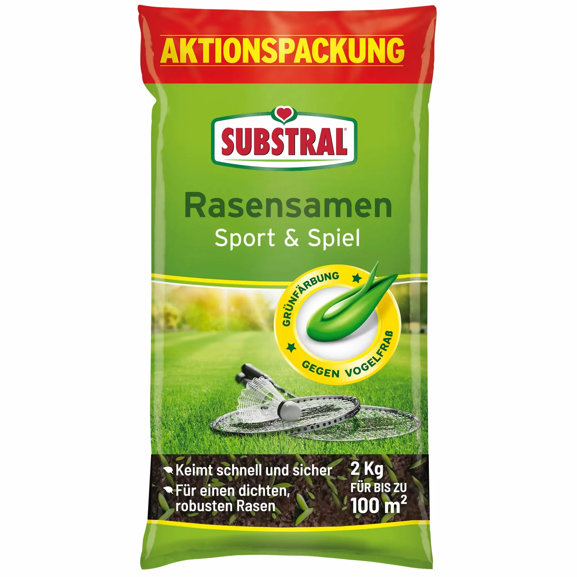 Substral Nasiona trawników do uprawiania sportu i zabawy, wytrzymała mieszanka nasion trawnika z zielonym zabarwieniem przeciw ptakom, 2 kg, 100 m², niebieskie