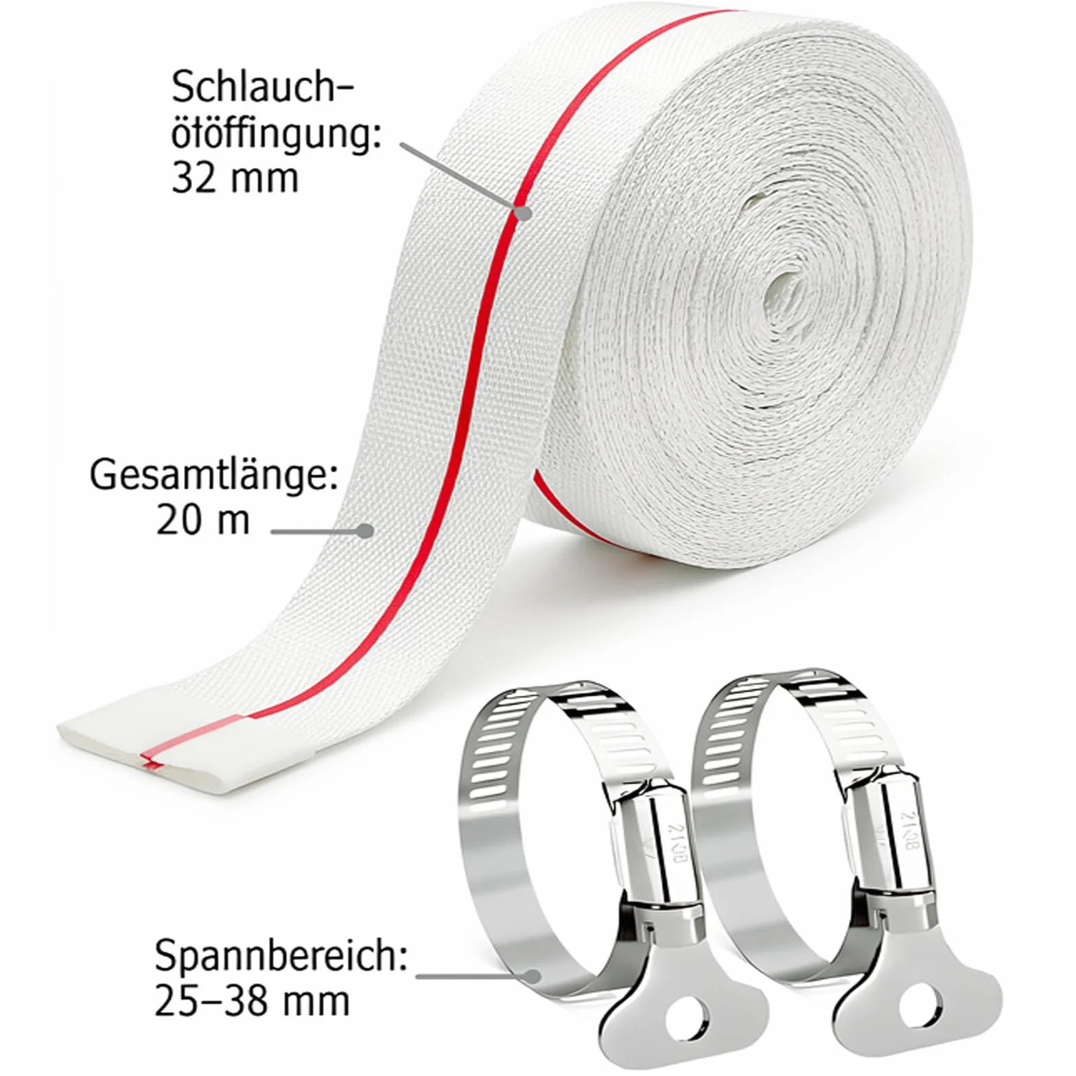 Wąż tkany Ø 32 mm (1 1/4 cala), 20 m wąż do wody, wąż przemysłowy do ogrodu, rolnictwa, przemysłu (z 2 zaciskami do węża 25-38 mm)