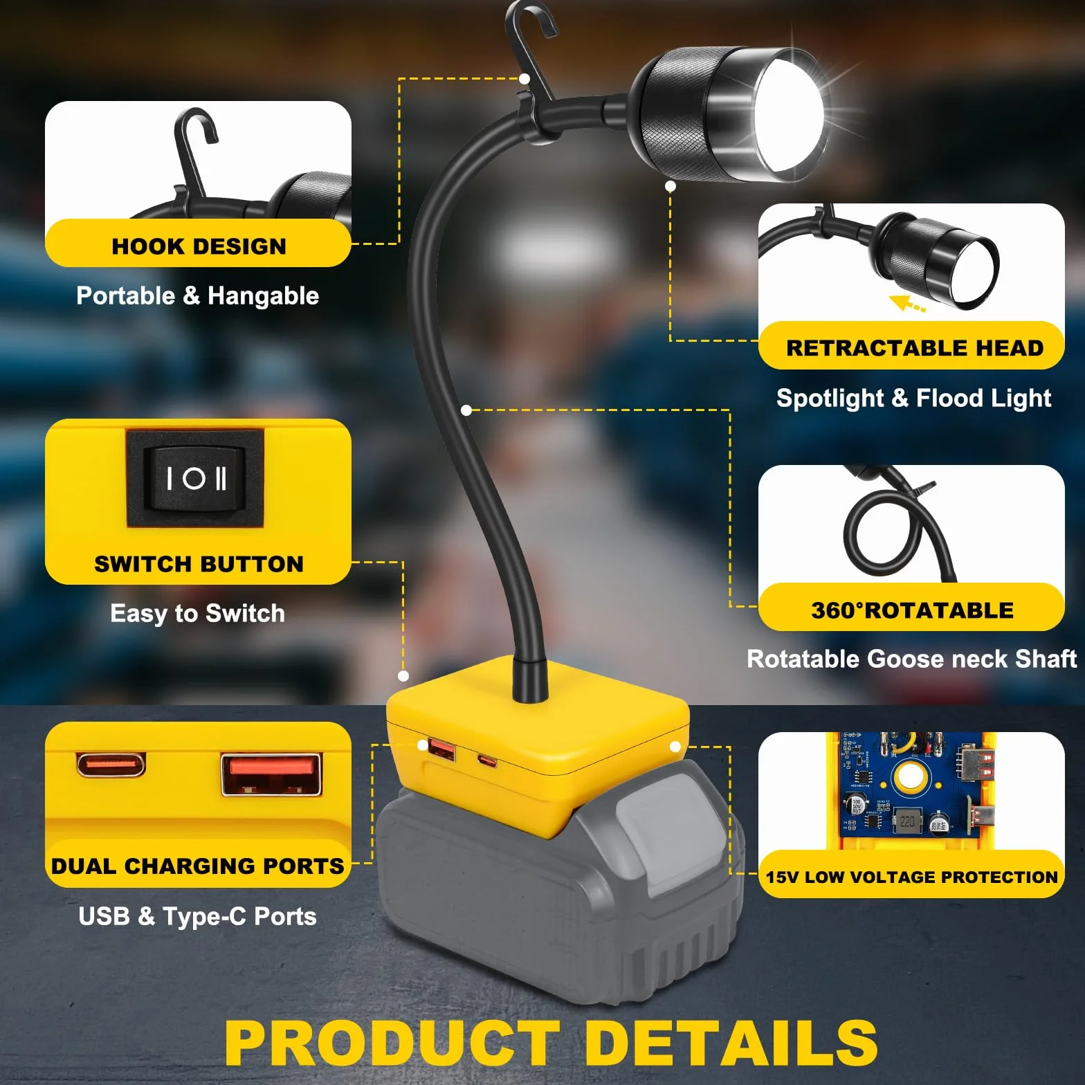 Lampa robocza LED kompatybilna z akumulatorem Dewalt 20 V – 30 W, 3000 lm, lampa warsztatowa LED z ochroną przed niskim napięciem – przenośne oświetlenie narzędziowe z przyłączem USB / do
