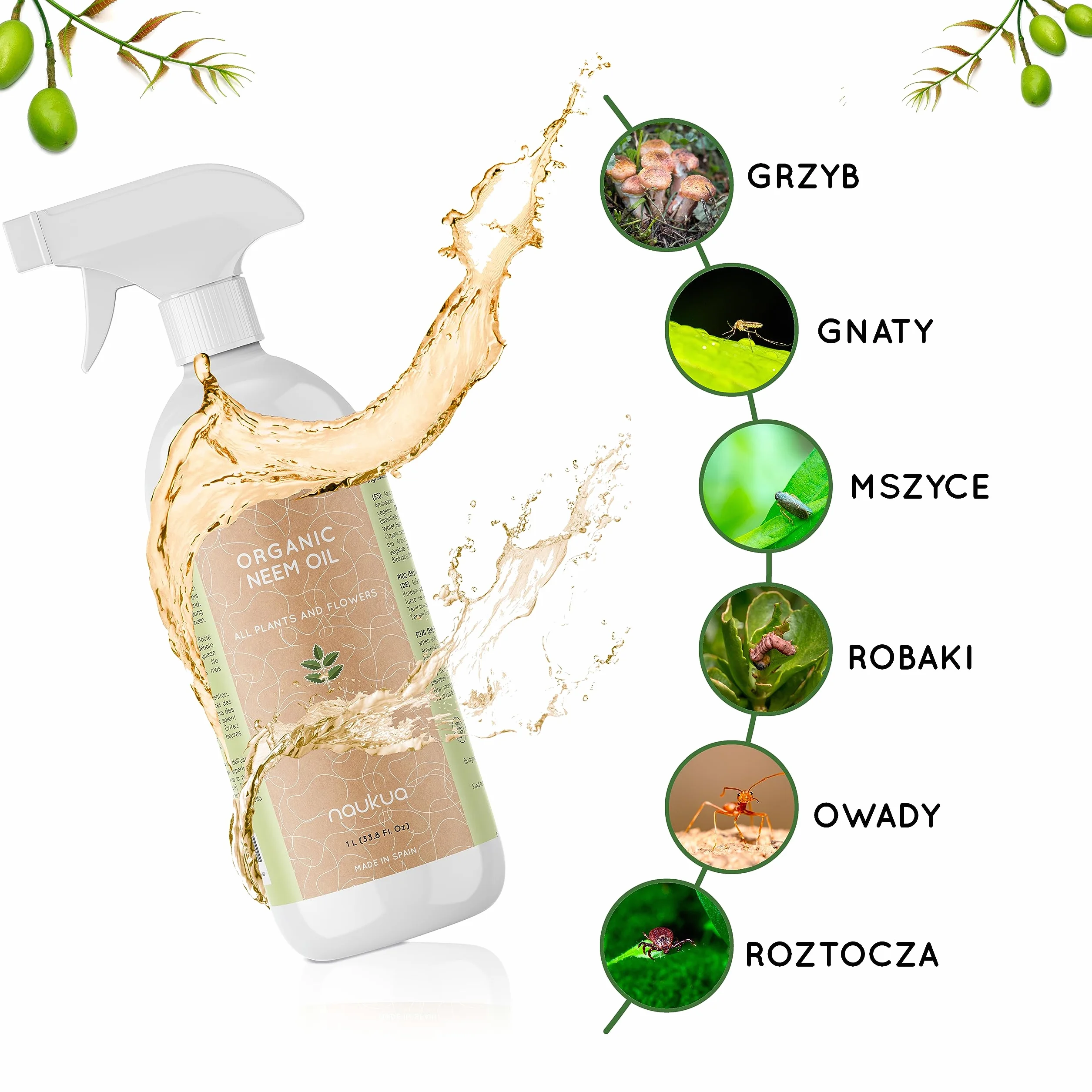 1L Organiczny Olejek z Miodli Indyjskiej Do Roślin - 100% Naturalny i Nietoksyczny - Ochrona i Obrona Przed Wszystkimi Rodzajami Szkodników, Owadów i Chorób - Rośliny Wewnątrz i Na Zewnątrz - Gotowy Do Użycia Spray.