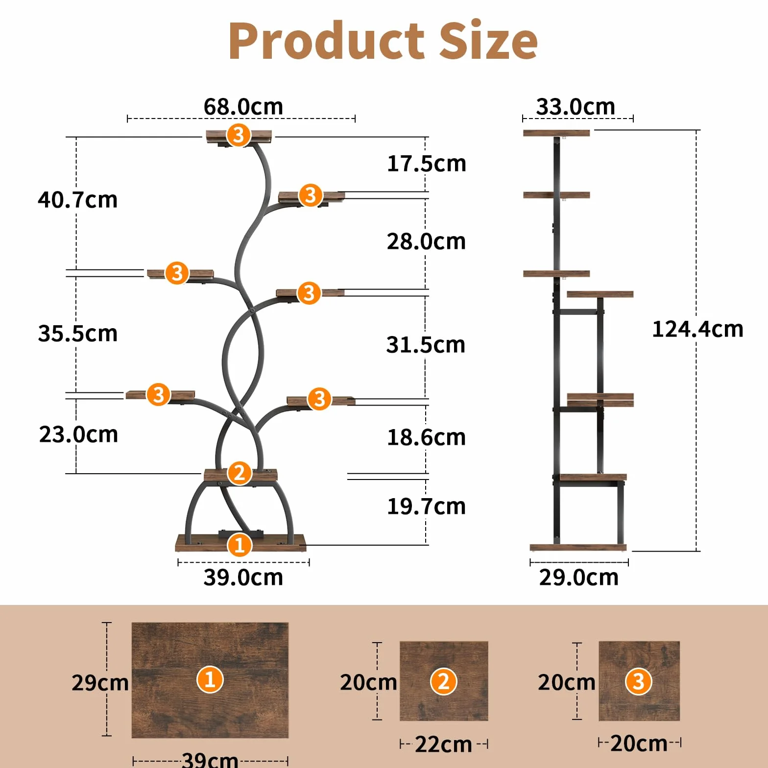 BACEKOLL Stojak na rośliny z oświetleniem 8 poziomów 124 cm metalowy drewniany czarny
