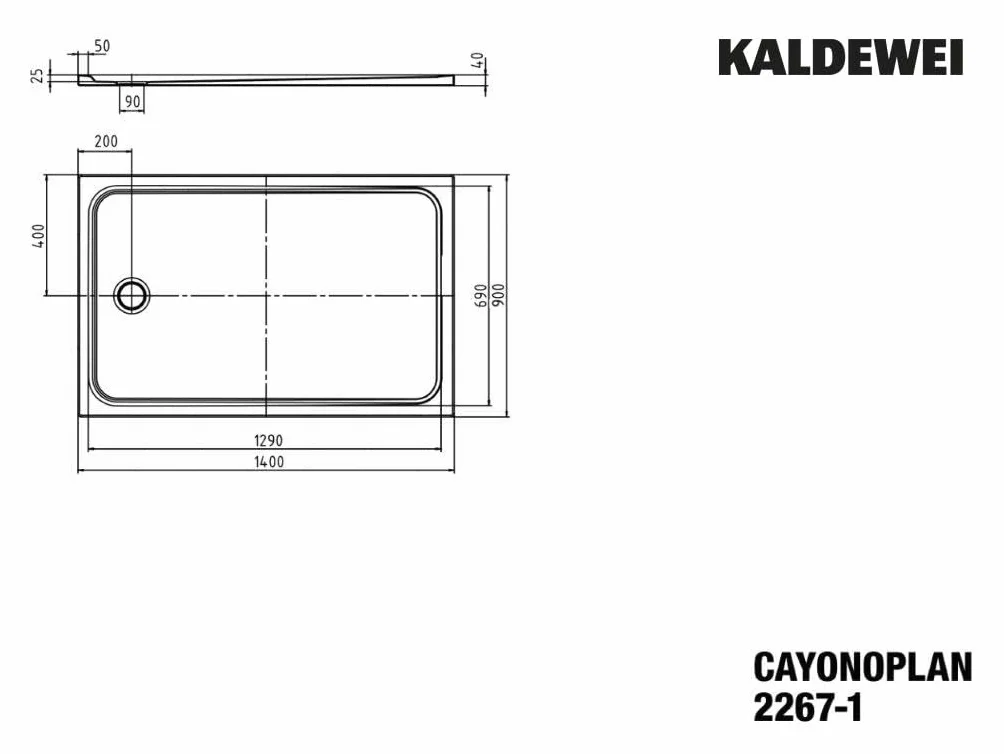 Kaldewei Brodzik prysznicowy Cayonoplan model 2267-1 140 x 90 x 2,5 cm, otwór odpływowy Ø 9,0 cm, biel alpejska