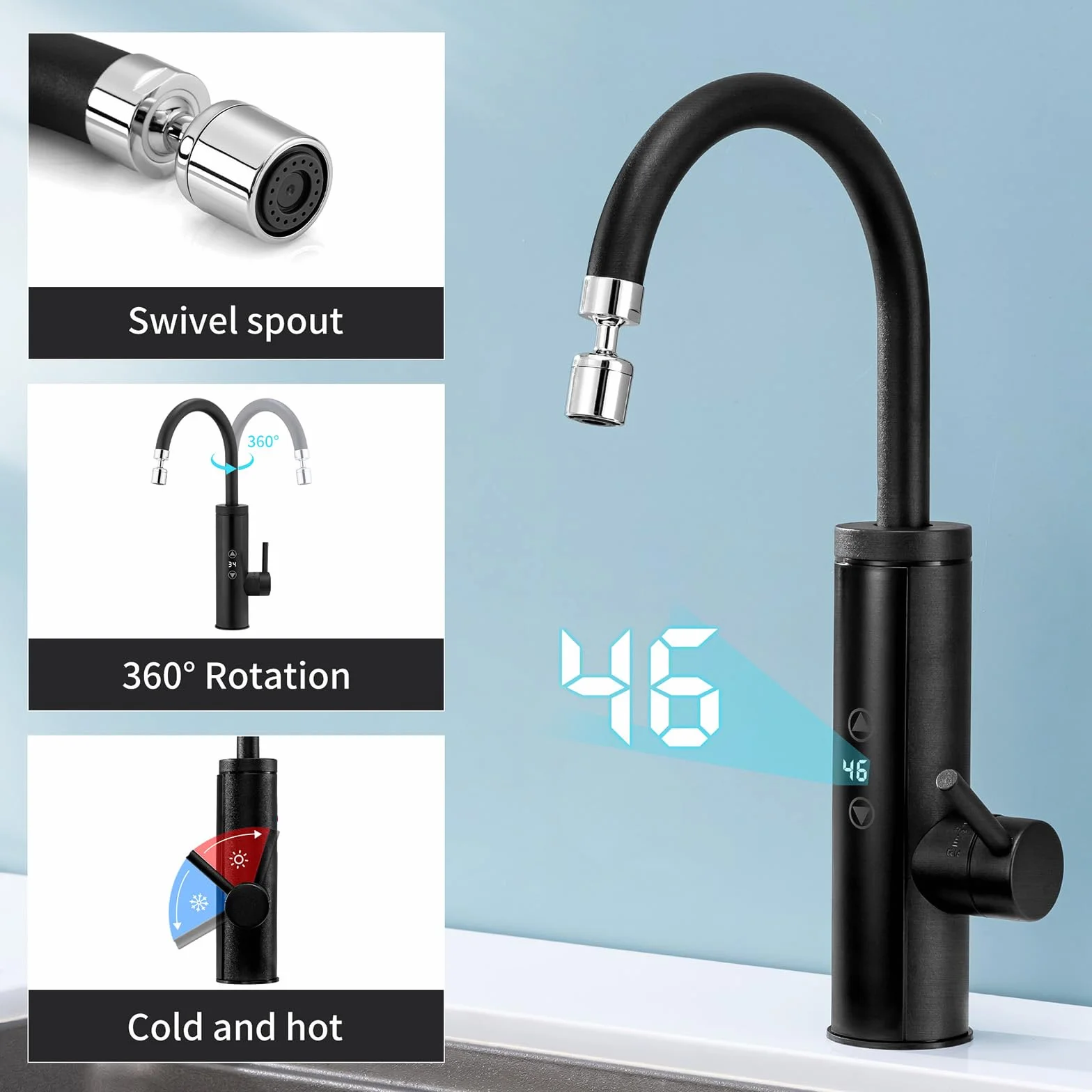 HOMELODY Elektryczny kran z podgrzewaczem wody 230V, 3400W kran kuchenny z dotykowym regulatorem temperatury, anty-sprysk stal nierdzewna armatura kuchenna, podgrzewacz wody do kuchni, ogród i camping
