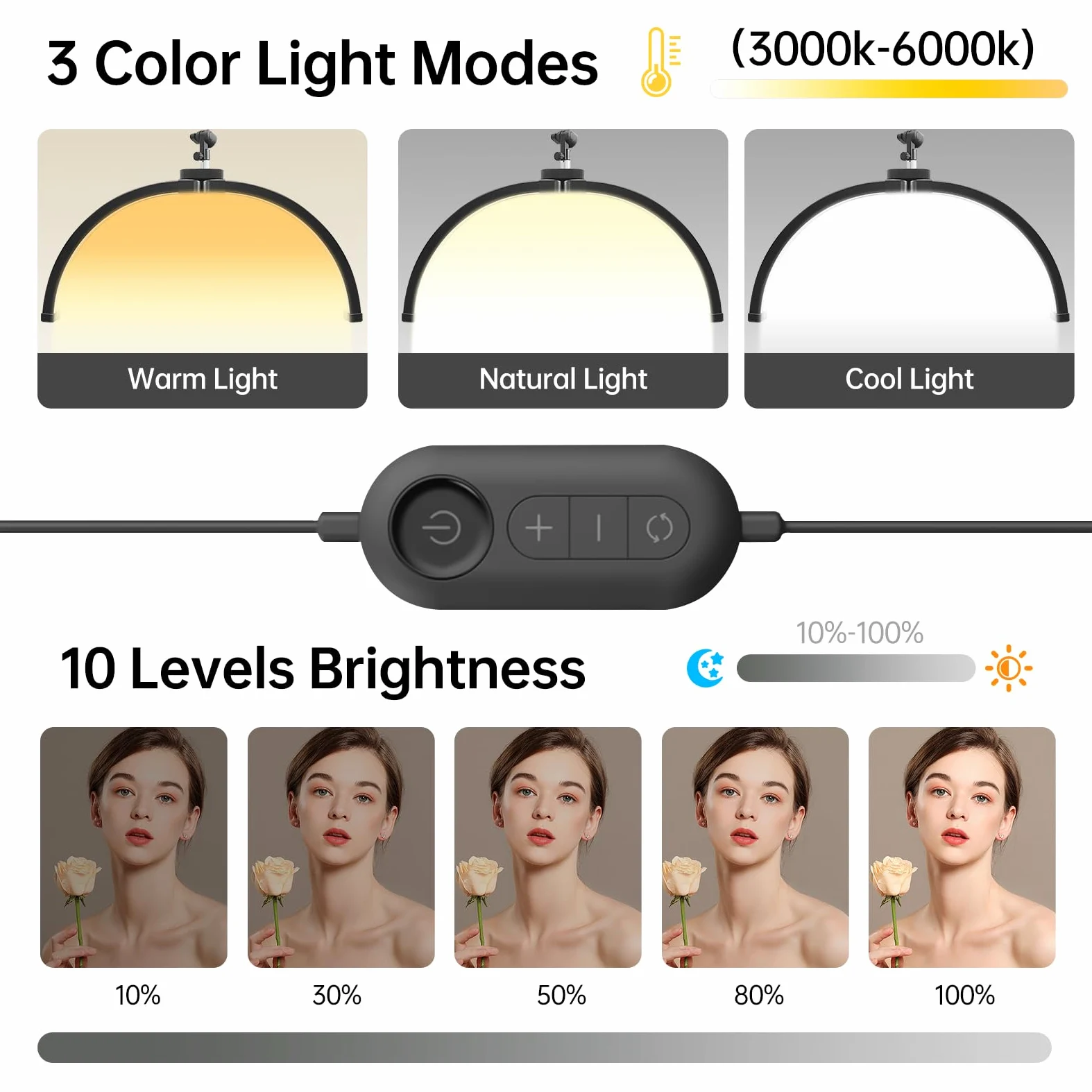 Lampa LED do rzęs, 50 cm, półksiężyc ze stojakiem na telefon, 3000-6500 K, światło do przedłużania rzęs, piękno światła do makijażu, paznokci, twarzy i tatuażu