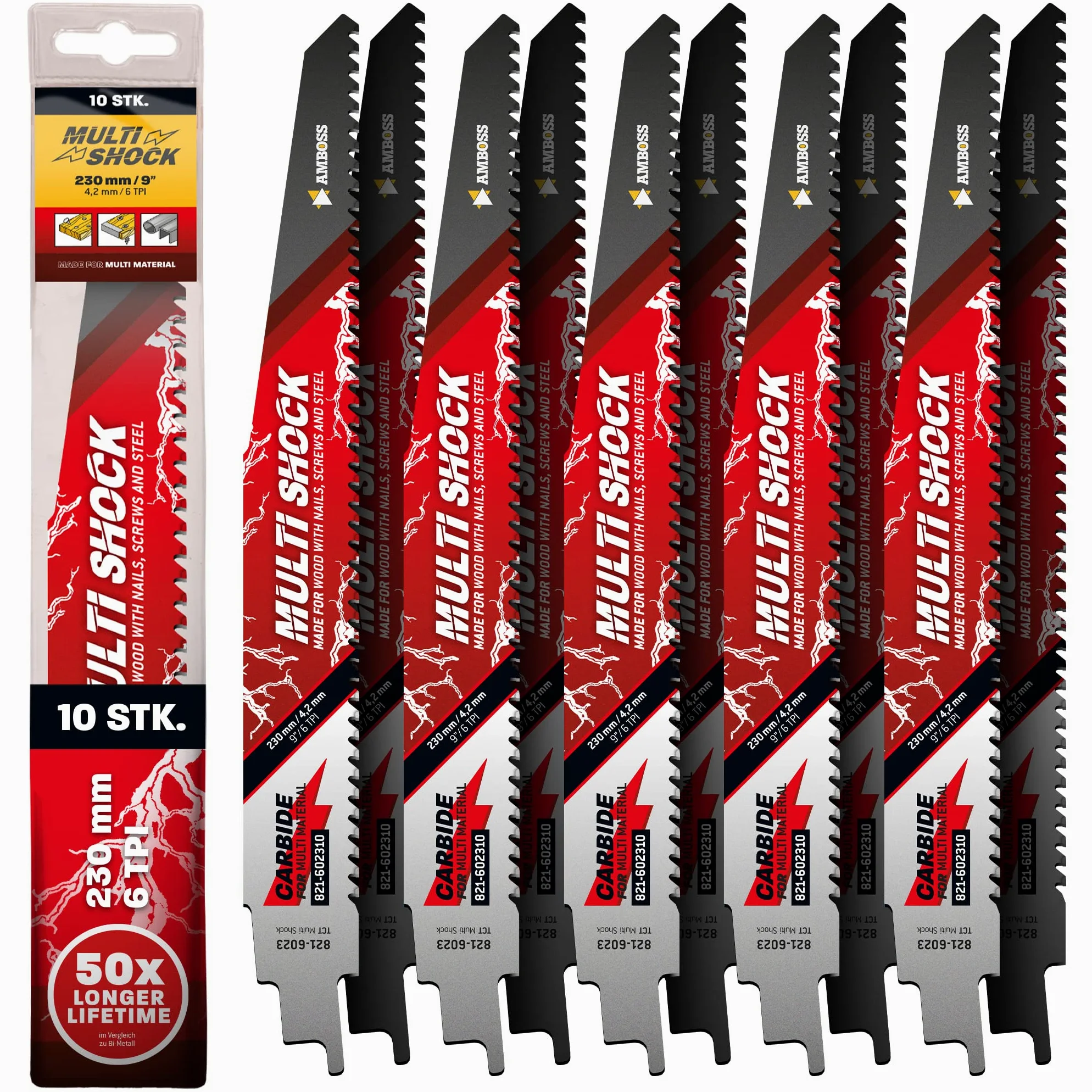 AMBOSS MULTI SHOCK – 10 x brzeszczot do piły szablastej długość 230 mm / 6 ZpZ – idealny do drewna z gwoździami i drewnem ze śrubami oraz stalą – wiele materiałów