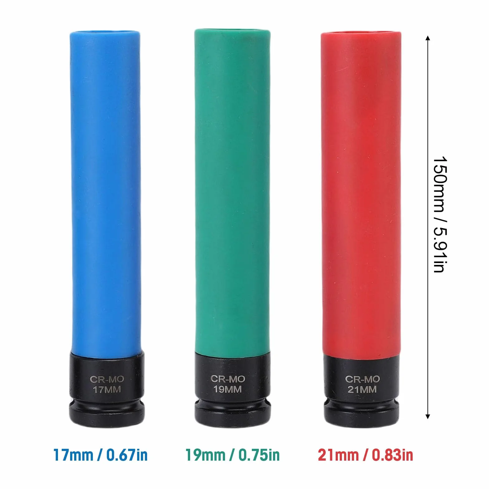 Generic Zestaw 3 nasadek udarowych 1/2 cala, 17 mm, 19 mm, 21 mm, metryczne nasadki do nakrętek kół ze stali CrMo o cienkich ściankach, z kolorowymi osłonami ochronnymi