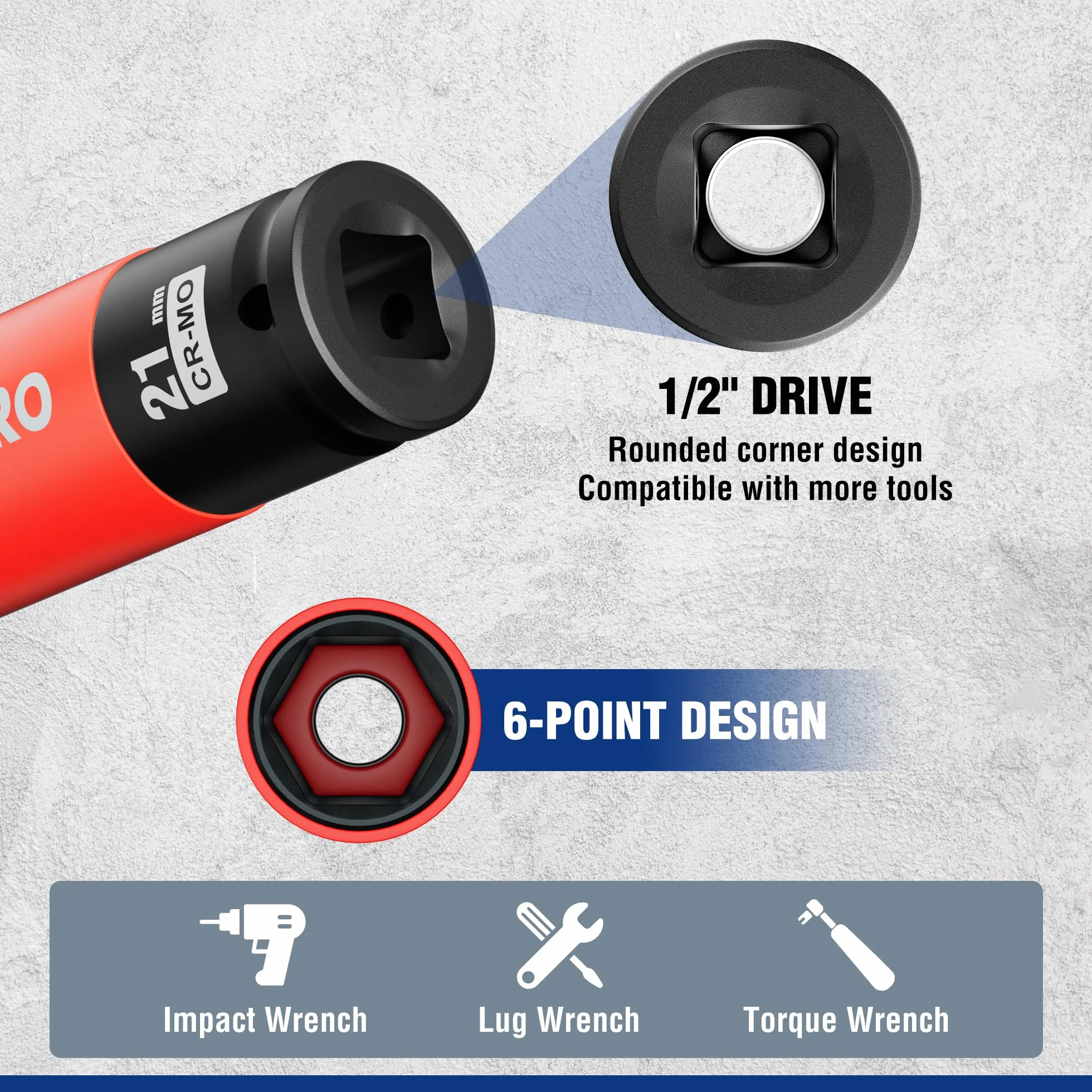 WORKPRO Zestaw nasadek udarowych 1/5.1 cm, 3 szt. cienkościennych nasadek nasadowych, metryczne ochronne gniazdo nakrętki koła 17 mm, 19 mm, 21 mm, z pudełkiem do przechowywania, stalowe gniazda Cr-Mo