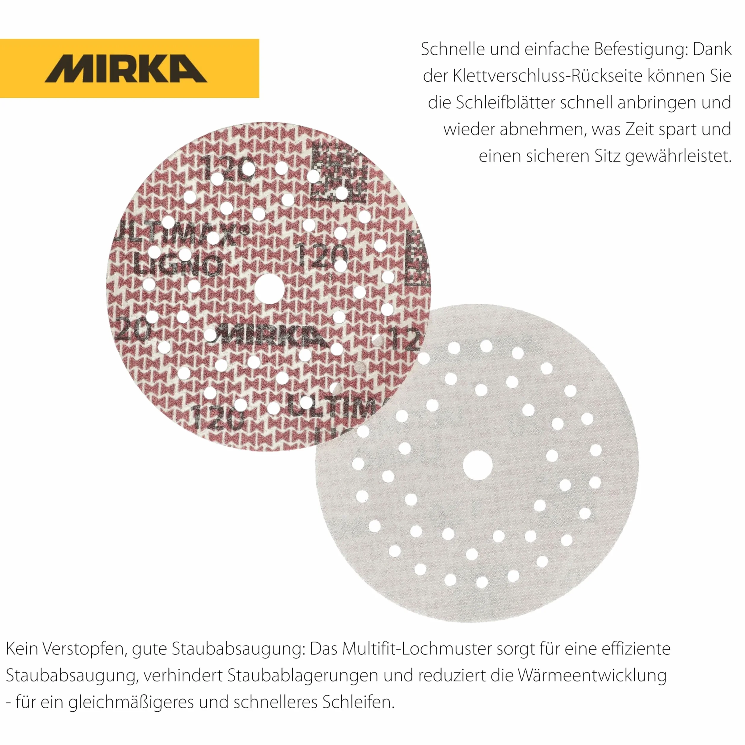 Mirka abrasive sheets Ultimax Ligno 125 mm rzep Multifit | Tarcze szlifierskie Mirka Ultimax Ligno 125 mm z ziarnem 150 do drewna wielootworowe rzep Multifit 100 sztuk