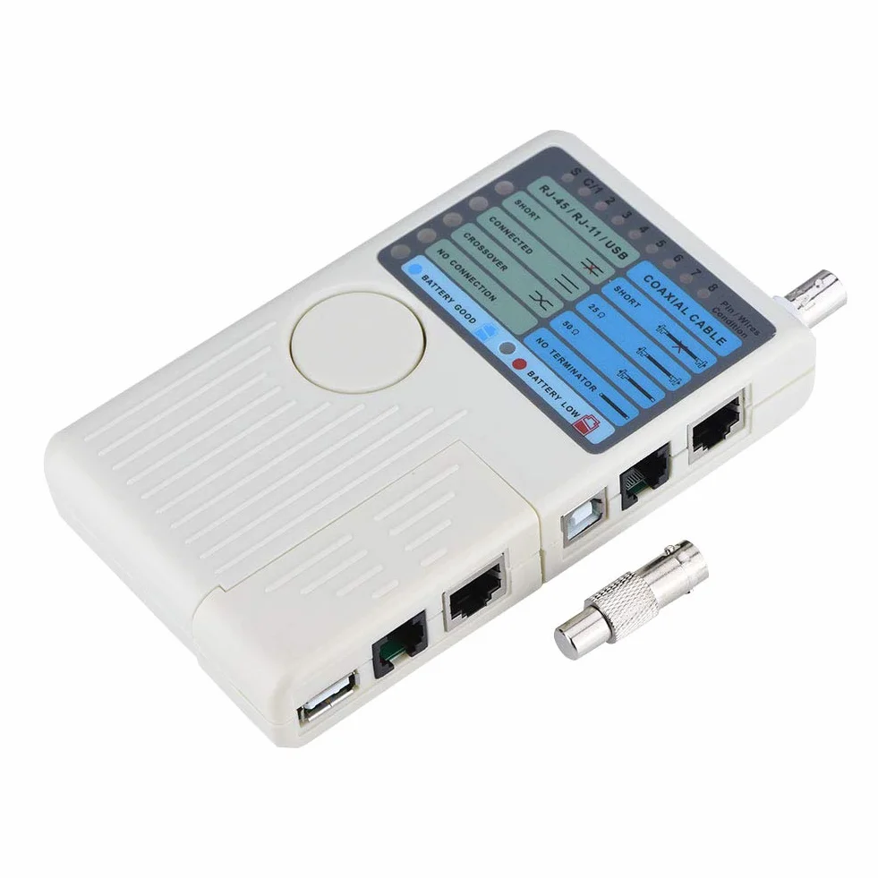 Optimal Shop Tester Kabli Sieciowych 4 w 1 Kabel LAN RJ45/RJ11/USB/BNC Tester Przewodów Cat5 Cat6, Narzędzie do Testowania Przewodów, Ergonomiczna, Przenośna Konstrukcja Podręczna