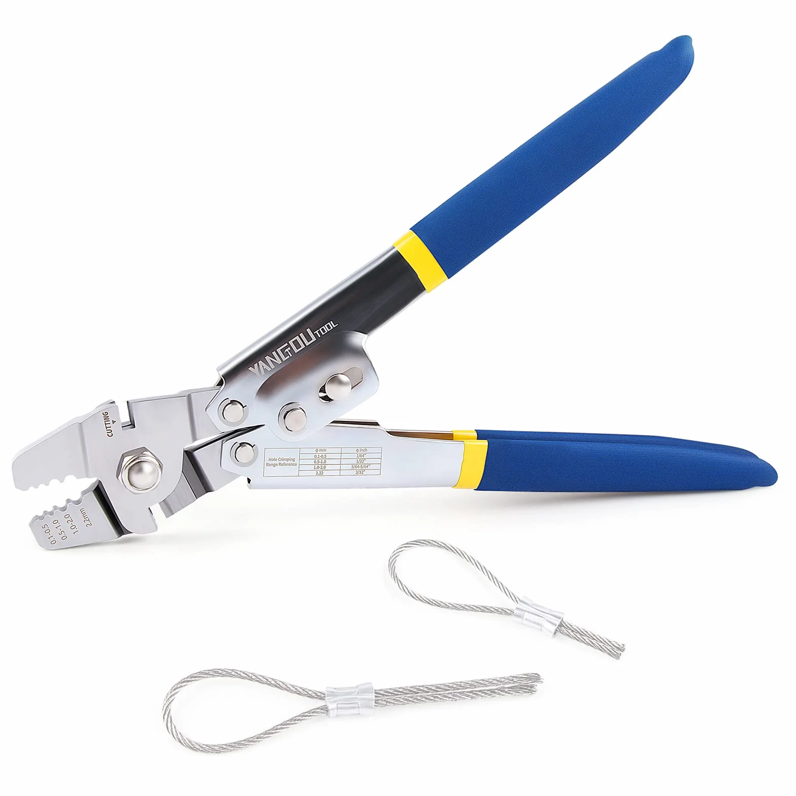Yangoutool Zaciskarka do lin stalowych, narzędzie do zaciskania i cięcia lin stalowych: Wszechstronne zwijanie blachy 2 w 1, uchwyty 0,1 mm-2,2 mm aluminiowe owalne, podwójne tuleje zatrzymujące,