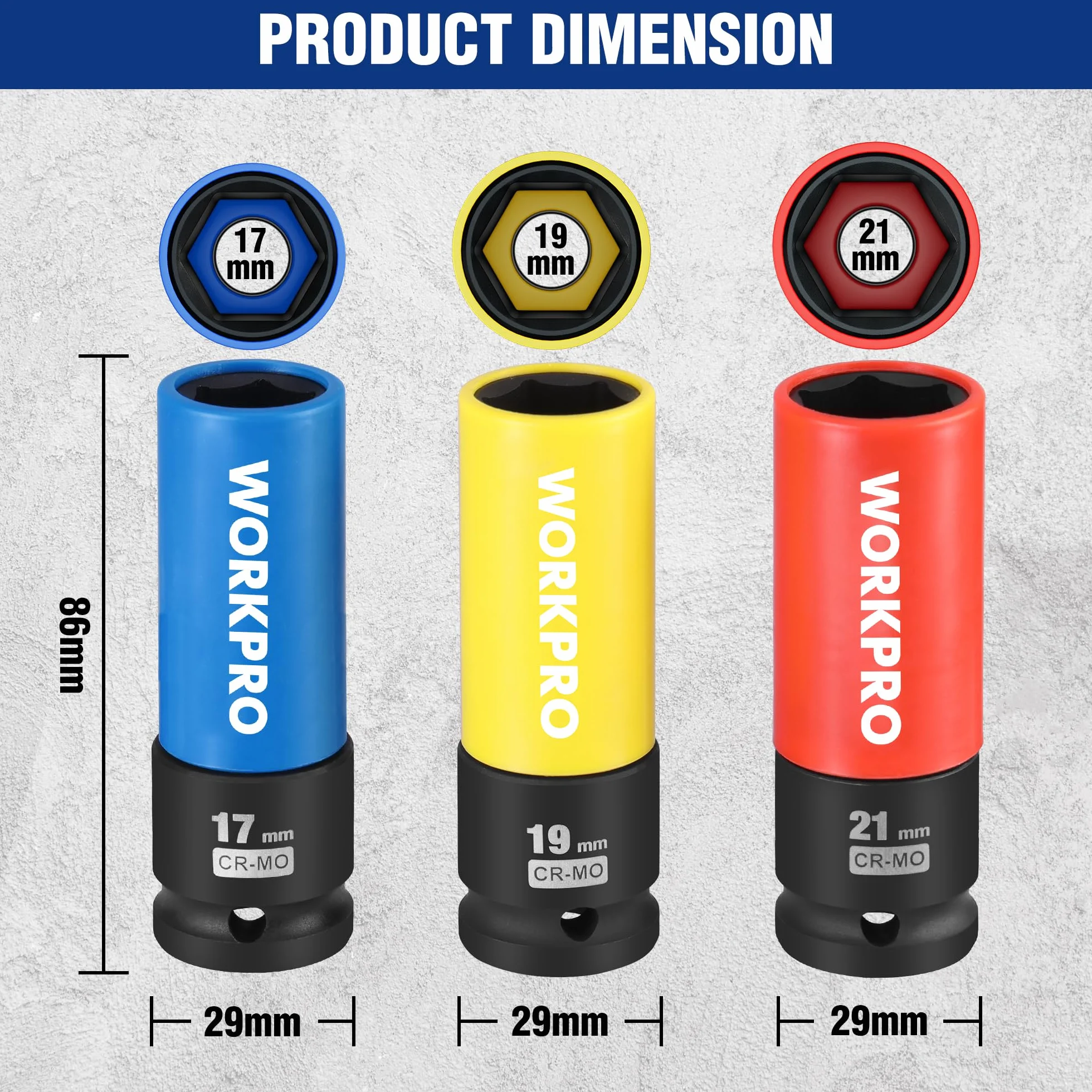WORKPRO Zestaw nasadek udarowych 1/5.1 cm, 3 szt. cienkościennych nasadek nasadowych, metryczne ochronne gniazdo nakrętki koła 17 mm, 19 mm, 21 mm, z pudełkiem do przechowywania, stalowe gniazda Cr-Mo