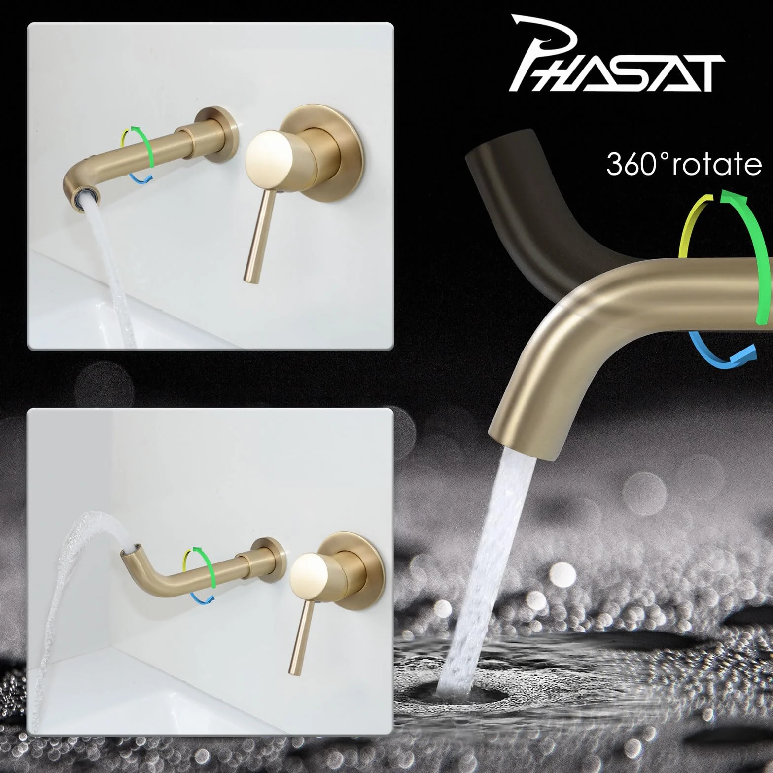 PHASAT PTBB06LG bateria ścienna do zabudowy, mosiężna, obracana o 360°, 2 otwory, do umywalki, szczotkowanego złota