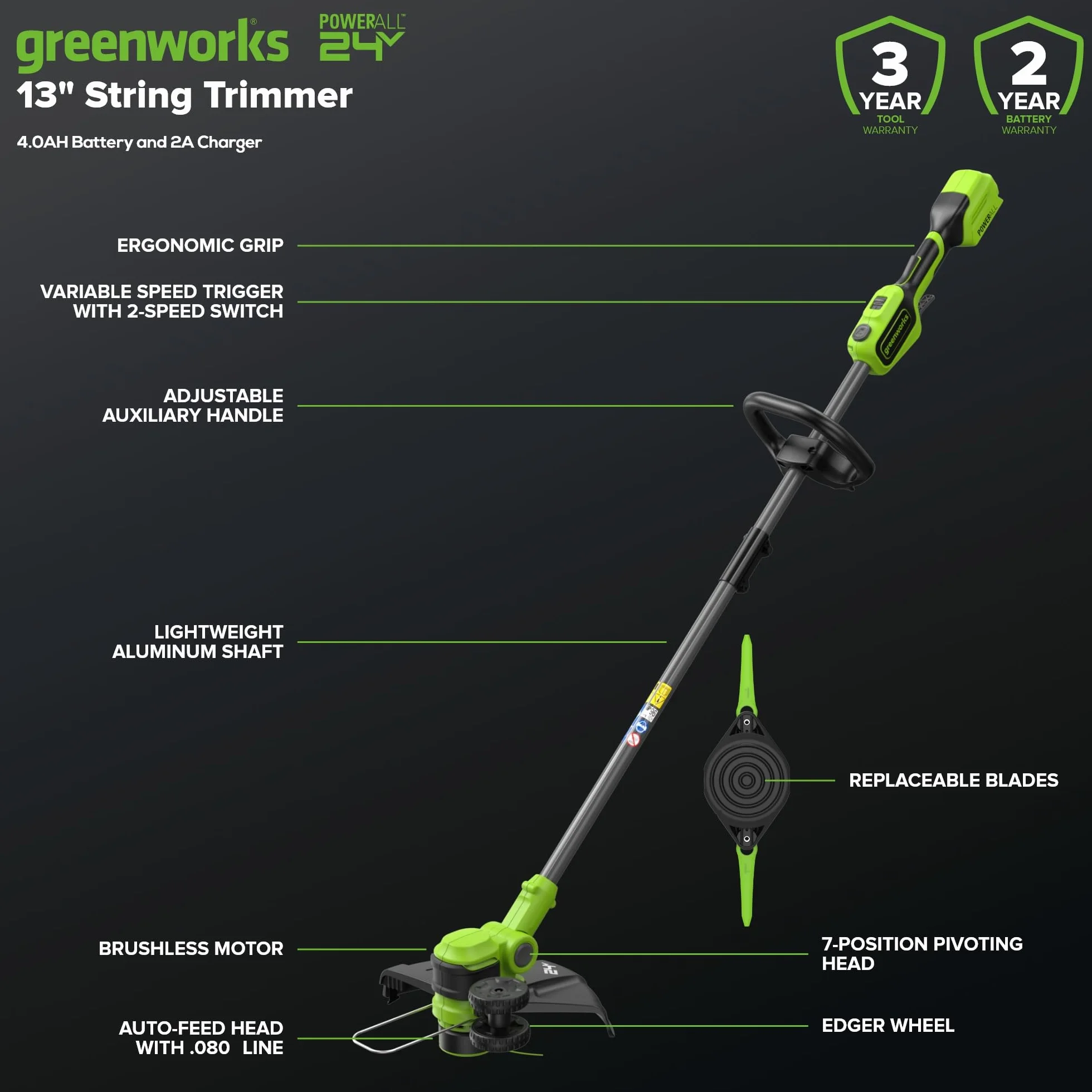 Greenworks Podkaszarka do trawy 24 V z akumulatorem, szerokość cięcia 33 cm, obracana o 90°, w zestawie szpula żyłki i 20 ostrzy z tworzywa sztucznego, w zestawie 4,0 Ah i ładowarka, akumulatorowa