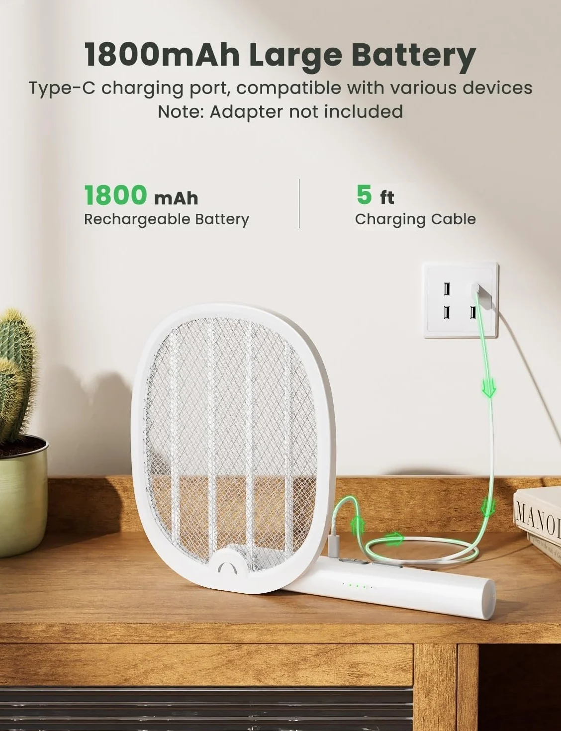 YISSVIC Elektryczna łapka na muchy 4000 V 1800 mAh 2 w 1 USB-C Składany UV Biały
