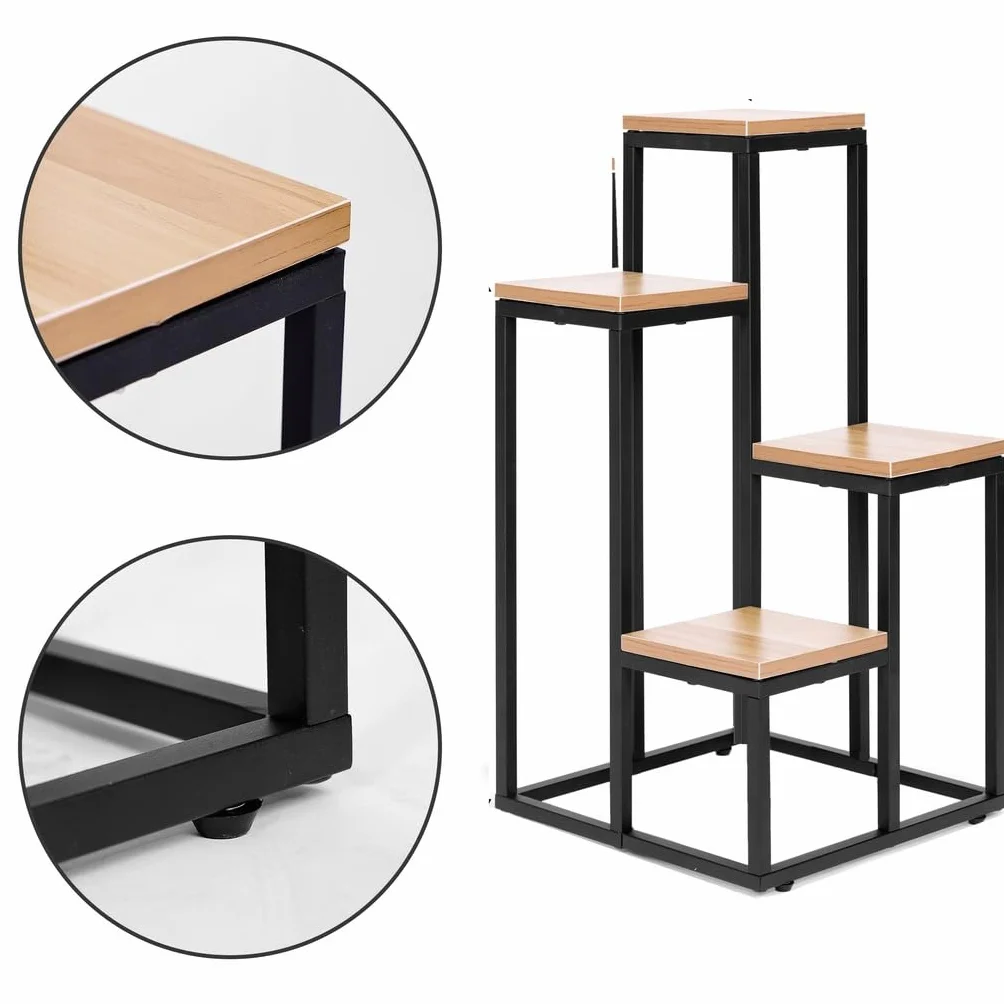 POKKA Kwietnik Stojący Metalowy, Stal Malowana Proszkowo z MDF, Czarny/Dąb, 4-Poziomowy, 69,5 x 34 x 34 cm, Obciążenie 15 kg na Półkę