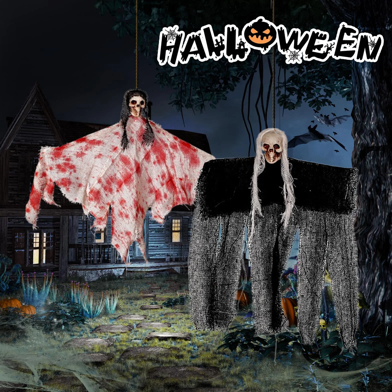 Wiszące dekoracje na Halloween, duch, latający duch do dekoracji nawiedzonego domu, do wewnątrz, na zewnątrz, podwórko, ogród, dekoracje imprezowe na Halloween, 2 szt