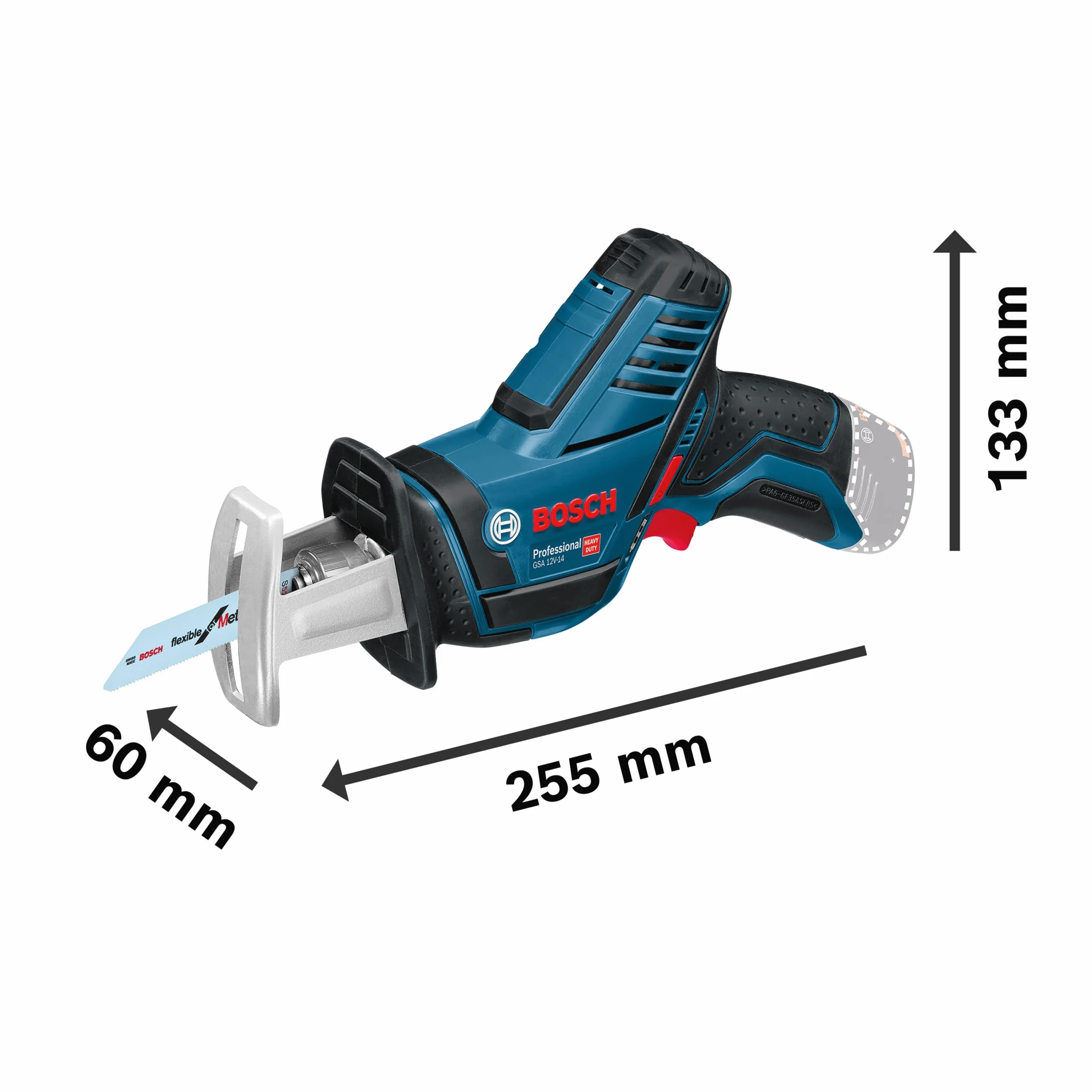Bosch Professional system 12V: akumulatorowa piła szablasta GSA 12V-14 (głęb. cięcia w drewnie/profilach metalowych: 65/50 mm, 2 brzeszczoty)