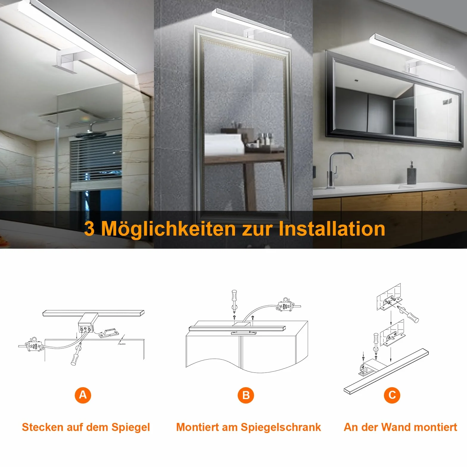 Karrong Lampy łazienkowe nad lustro, 40CM 12W 1200 lumenów, 6000K zimna biały aby 3000K ciepły biały, ze stali nierdzewnej, wodoszczelność IP44, 230 V, Lampa łazienkowa LED do łazienki (Biały)