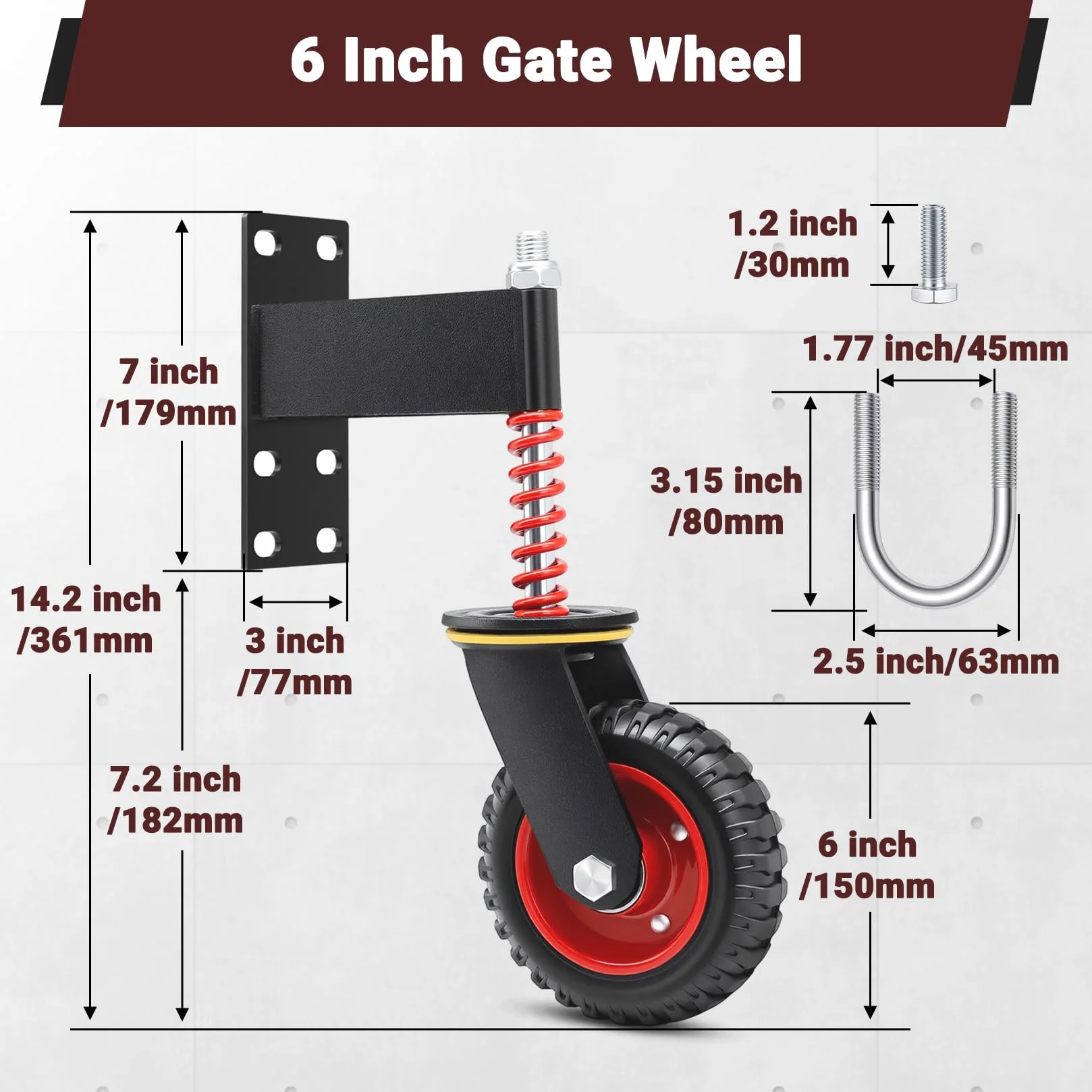 Rolka bramy do dużych obciążeń, 150 mm, ze sprężyną i smarownicą, nośność 200 kg, czarne profilowane koło gumowe do cichej pracy na nierównym podłożu, trawniku i żwirze, rolka do bram