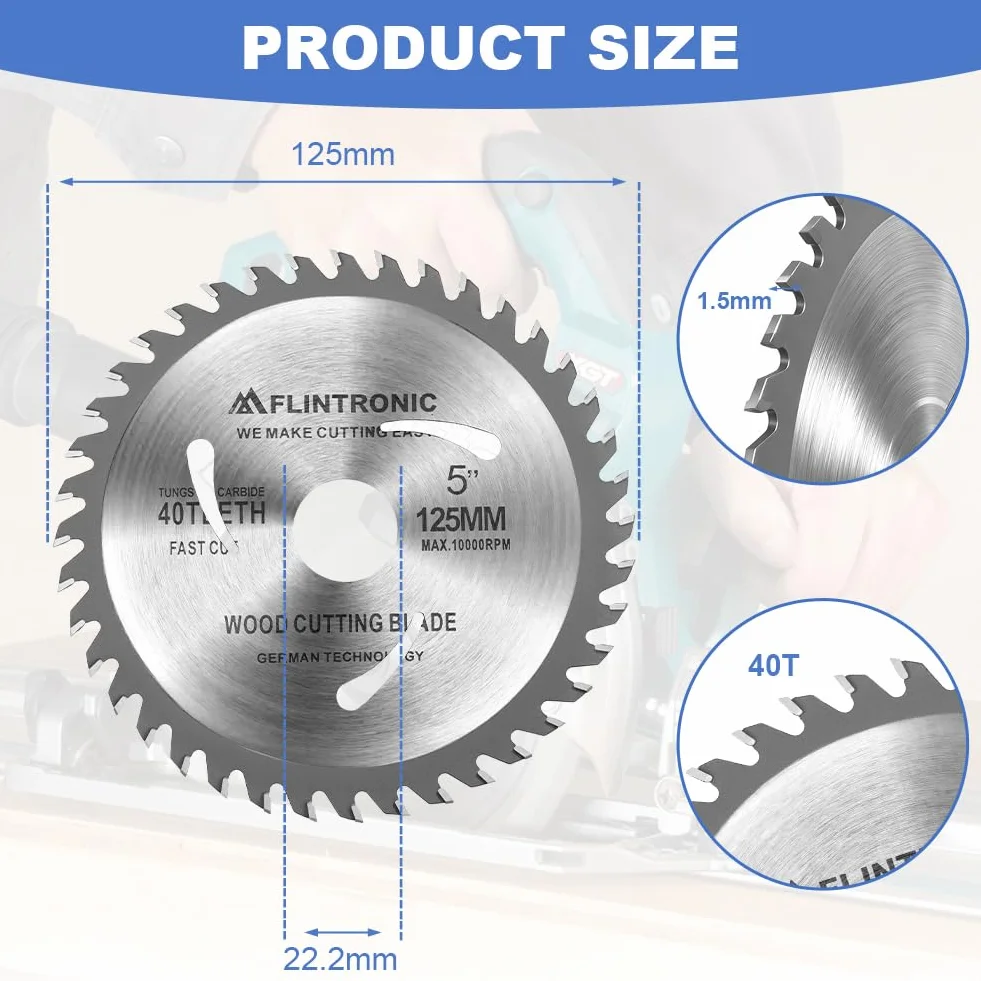 Flintronic 3-częściowy brzeszczot do piły 125 mm do szlifierki kątowej, brzeszczot do piły tarczowej 125 x 22,2 mm, 40 zębów wielopłaszczyznowe cięcie drobne, do aluminium, miedzi, metali nieżelaznych