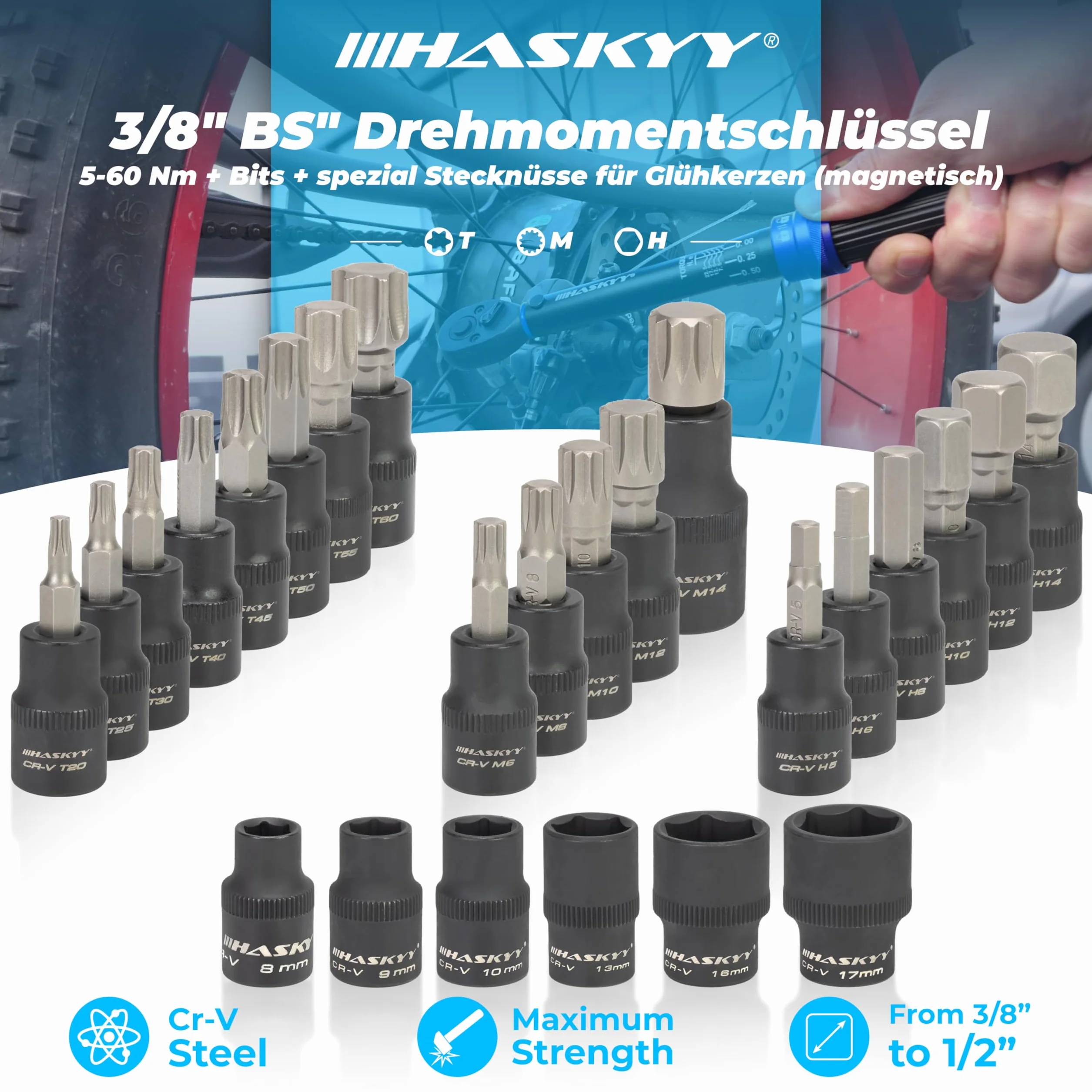 HASKYY Zestaw kluczy dynamometrycznych 3/8" 5-60 Nm do motocykla, drążek przedłużający, bity, nasadki do nakrętek, adaptery - narzędzia serwisowe