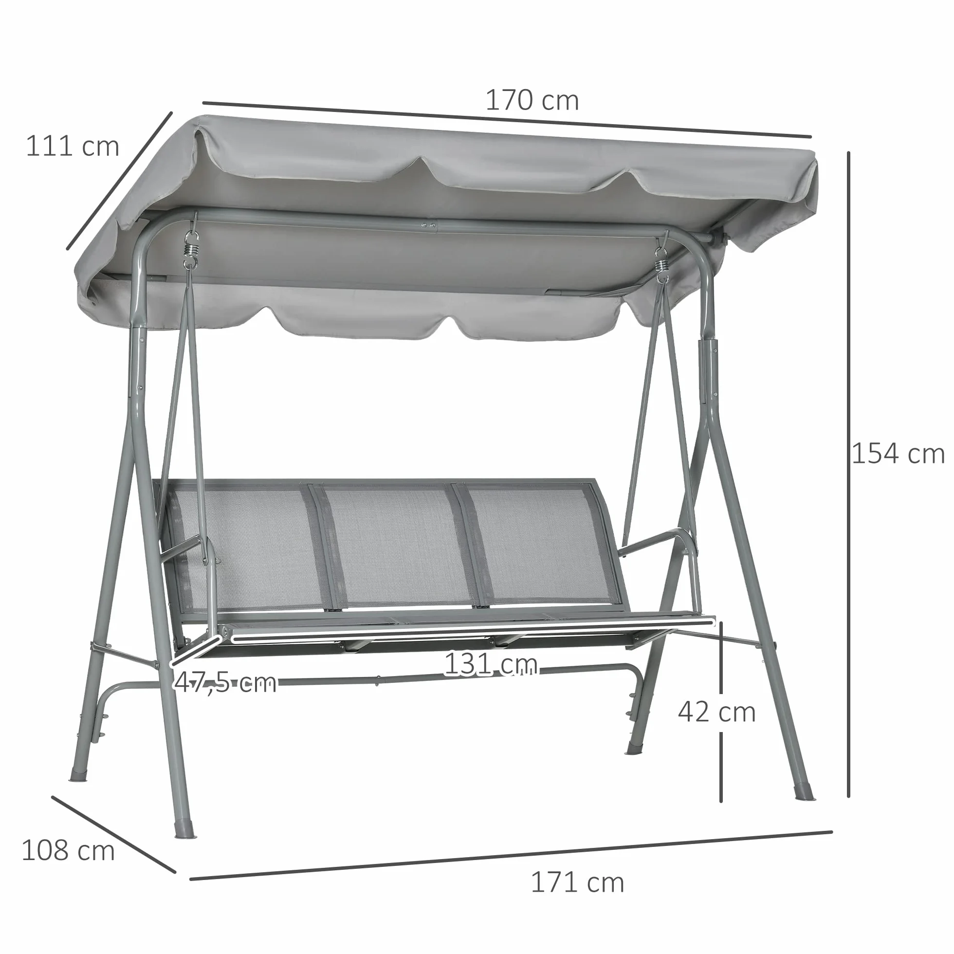 Outsunny huśtawka 3-osobowa z dachem 171 cm x 108 cm x 154 cm