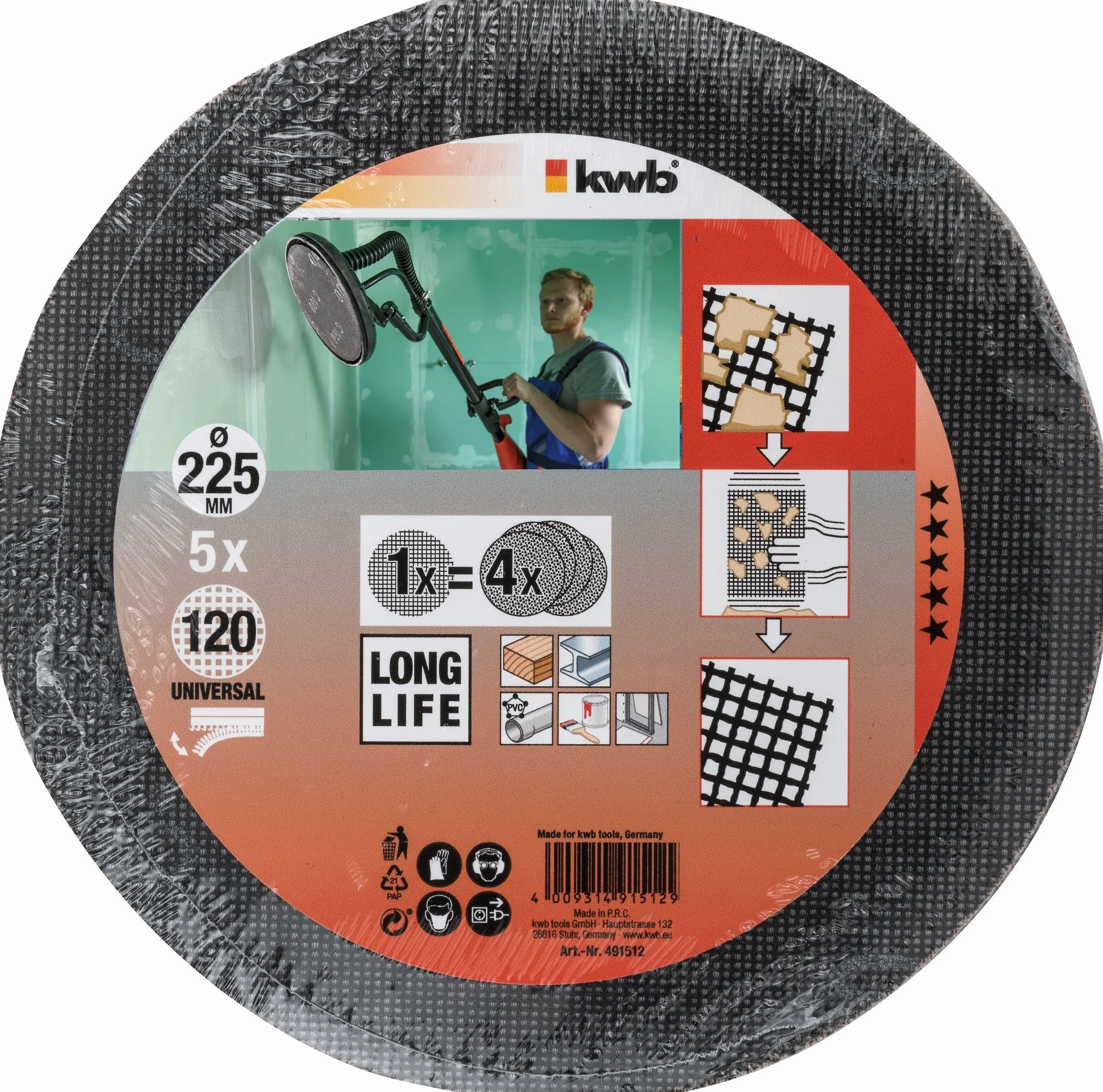 kwb Quick-Stick tarcza szlifierska K 120 – do szlifierek z długimi szyjkami i szlifierek do płyt gipsowo-kartonowych – włókno szklane, perforowane na rzep – Ø 225 mm (5 szt.)