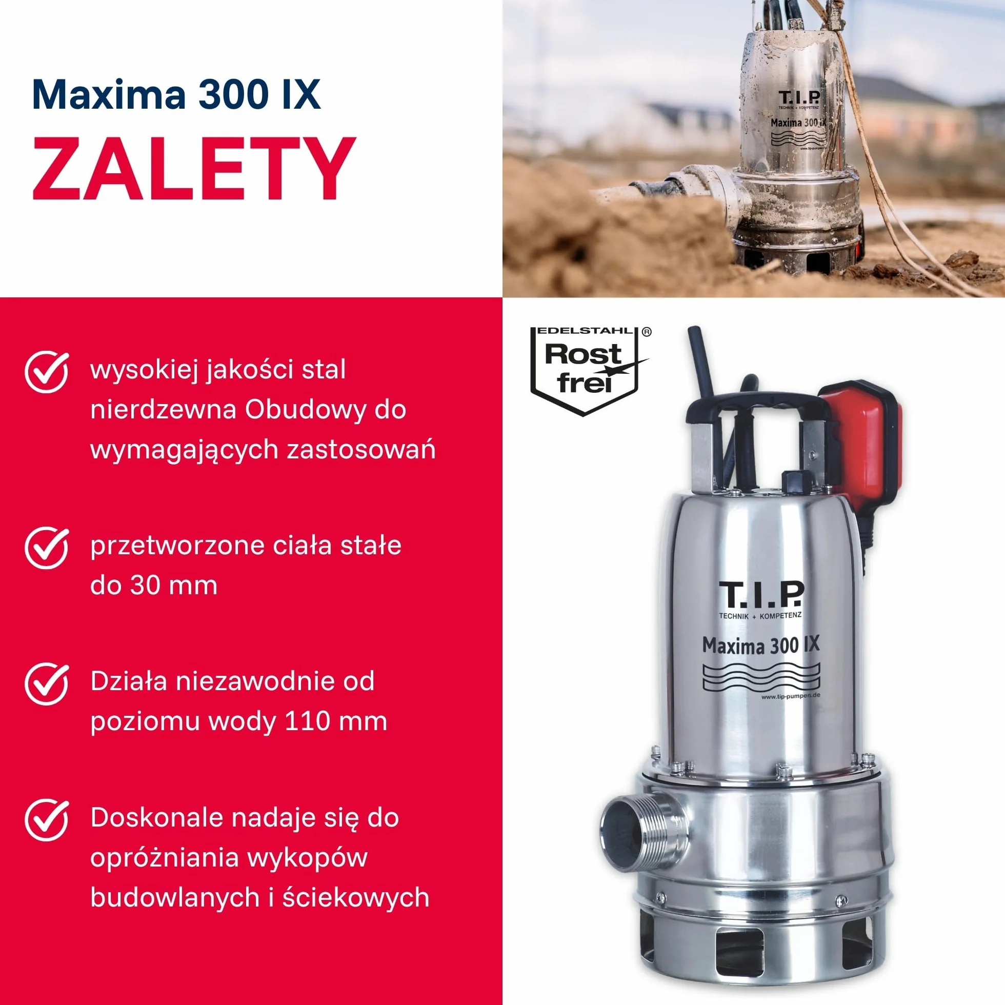 T.I.P. TVX 7000 Pompa Zatapialna do Brudnej Wody, 10m Wąż, Automatyczna, Edelstahl