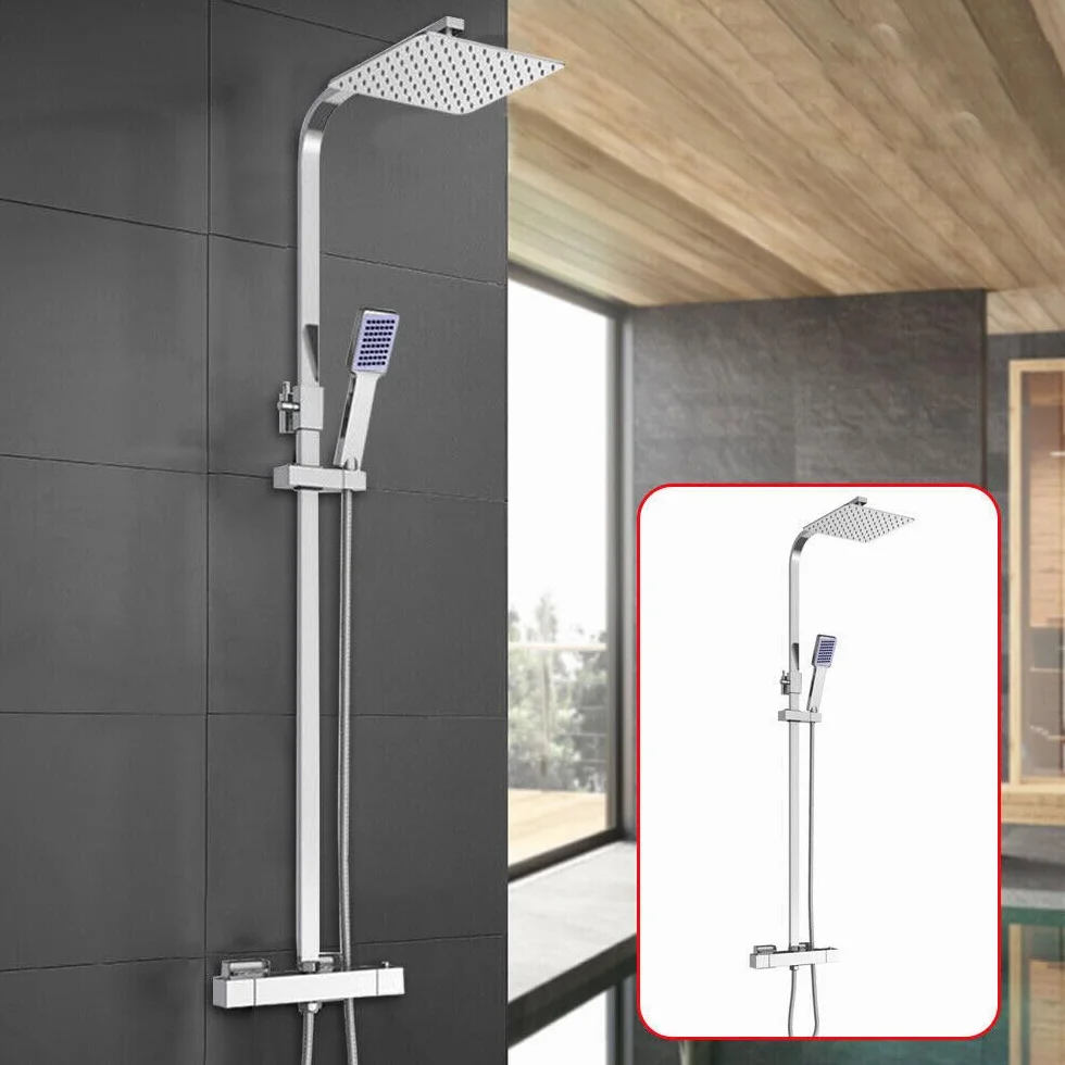 Termostat deszczownicy, armatura prysznicowa, głowica prysznicowa, ze stali nierdzewnej, bateria mieszakowa z słuchawką prysznicową, oszczędzająca wodę, wąż do prysznica ręcznego, drążek prysznicowy i