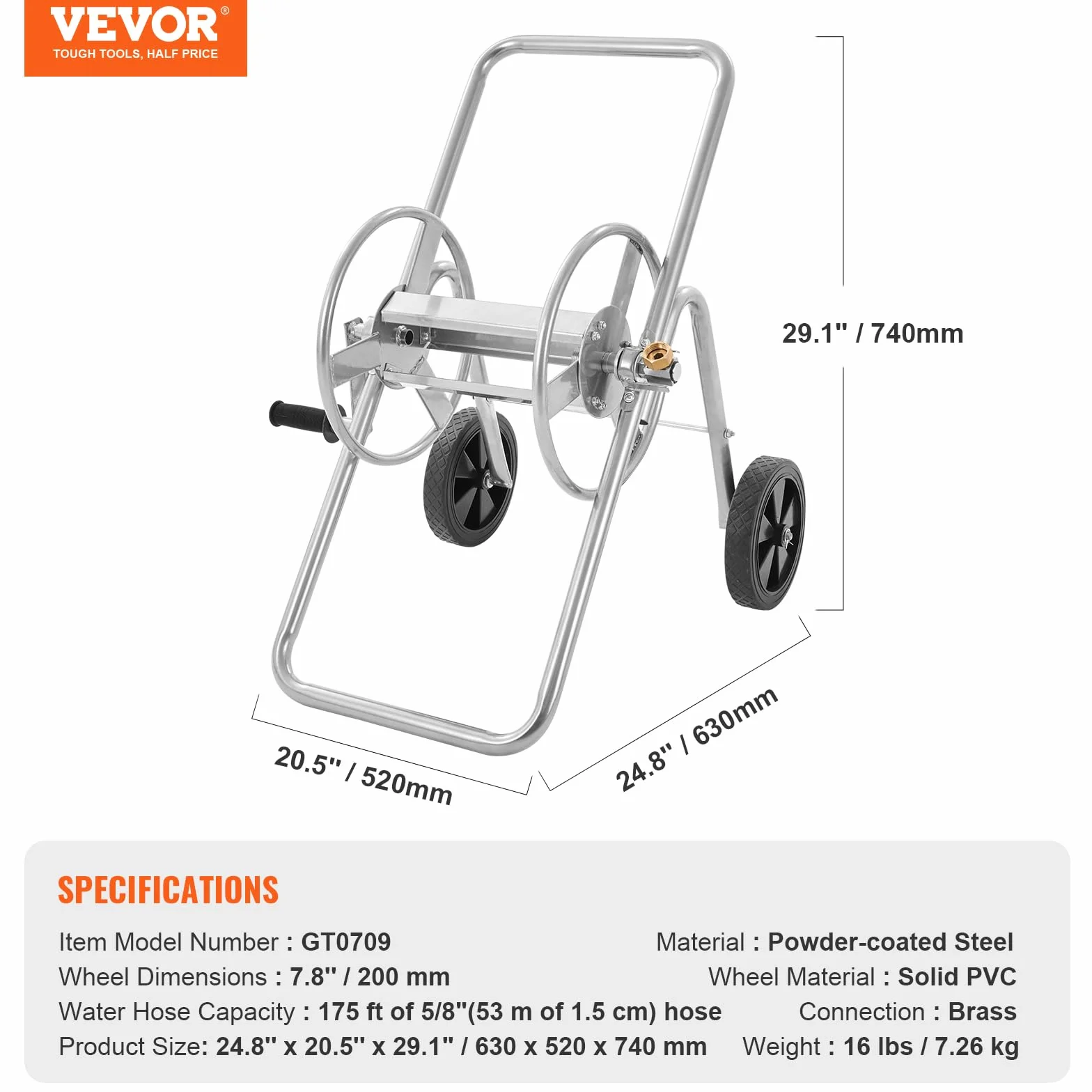 VEVOR Wózek na wąż ogrodowy 53 m 5/20 cm stal malowana proszkowo