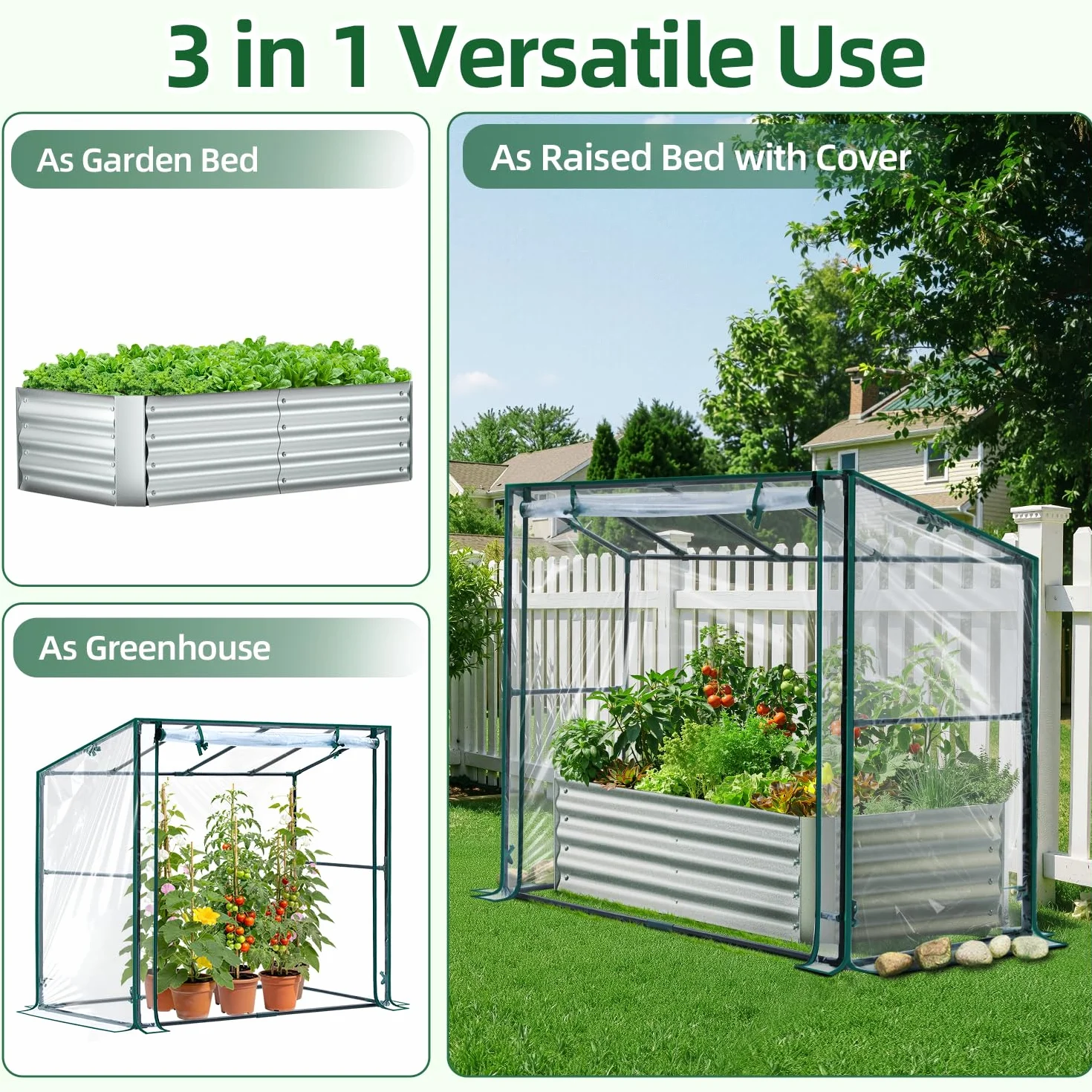 Ohuhu Podwyższona grządka ogrodowa metalowa 122x61x30 cm z osłoną PCV 3-w-1