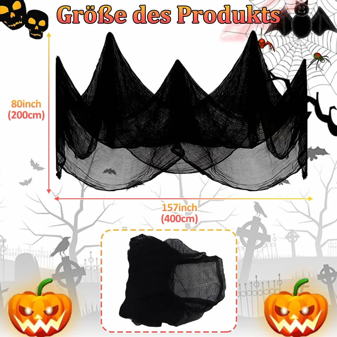 MAXEE Super czarny Halloween straszny (200 × 400 cm), super duży ręcznik ducha, dekoracja na Halloween, horror, dekoracja ogrodowa na zewnątrz Halloween