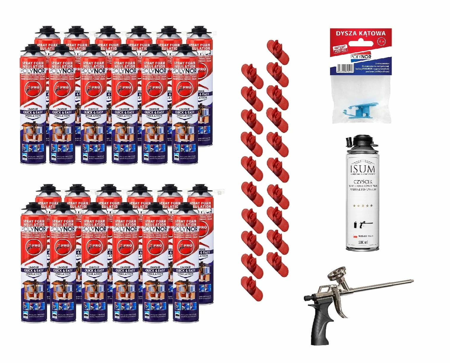 POLYNOR Izolacja Cieplna PUR w Puszce PRO - Zestaw - 24 Pianki - Pistolet do piany - Natryskowa Izolacja Termiczna - Izolacja Ścian, Dachów, Sufitów, Rur - Aerozol 750 ml
