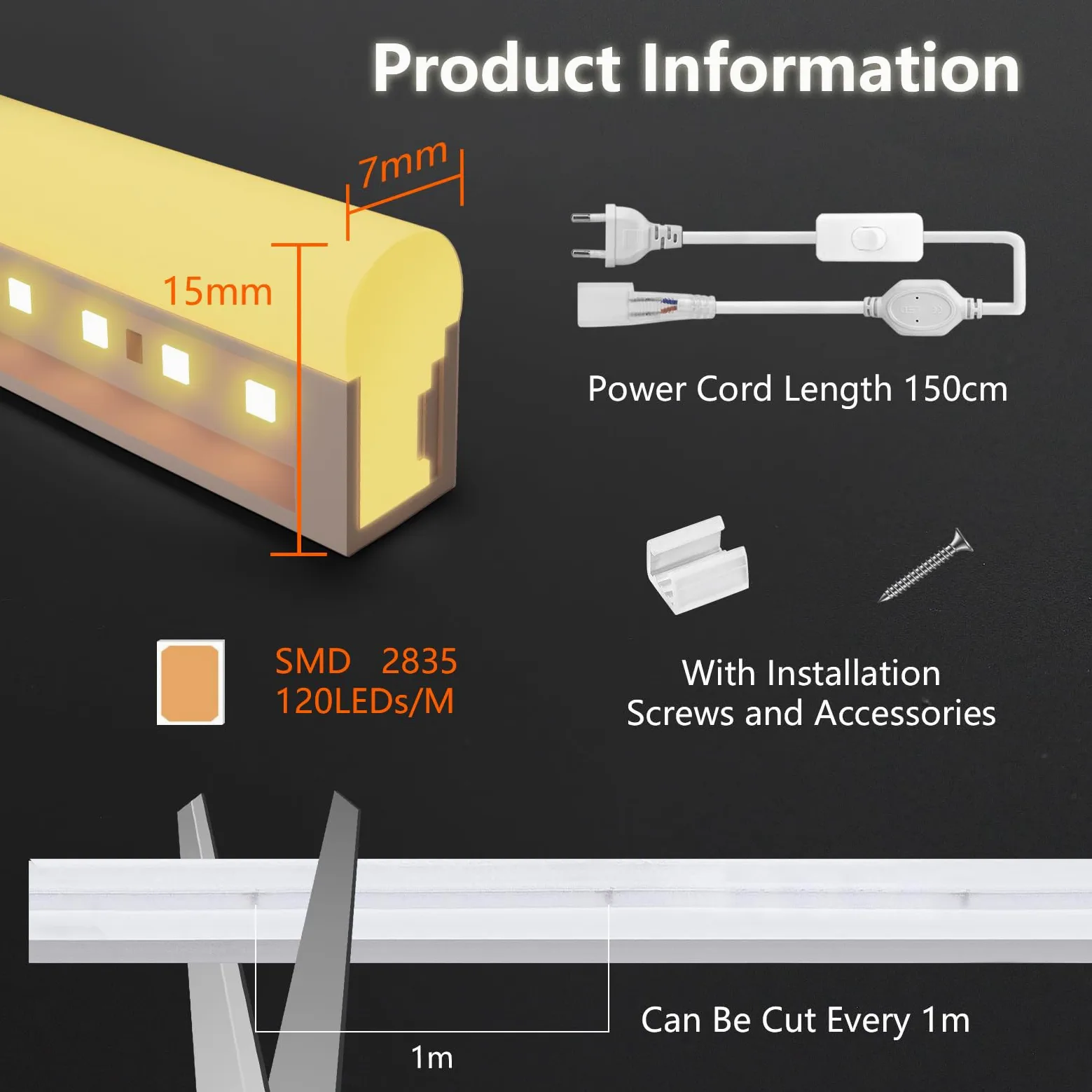 Neonowa Taśma LED 30m, 230V Wodoodporna Ognioodporna IP65 Ciepła Biel 3000K Łańcuch świetlny LEDs 120 LEDs/m Elastyczna Taśma świetlna DIY Z Zasilaczem Domu, Imprezę, Kuchni, Zewnątrz