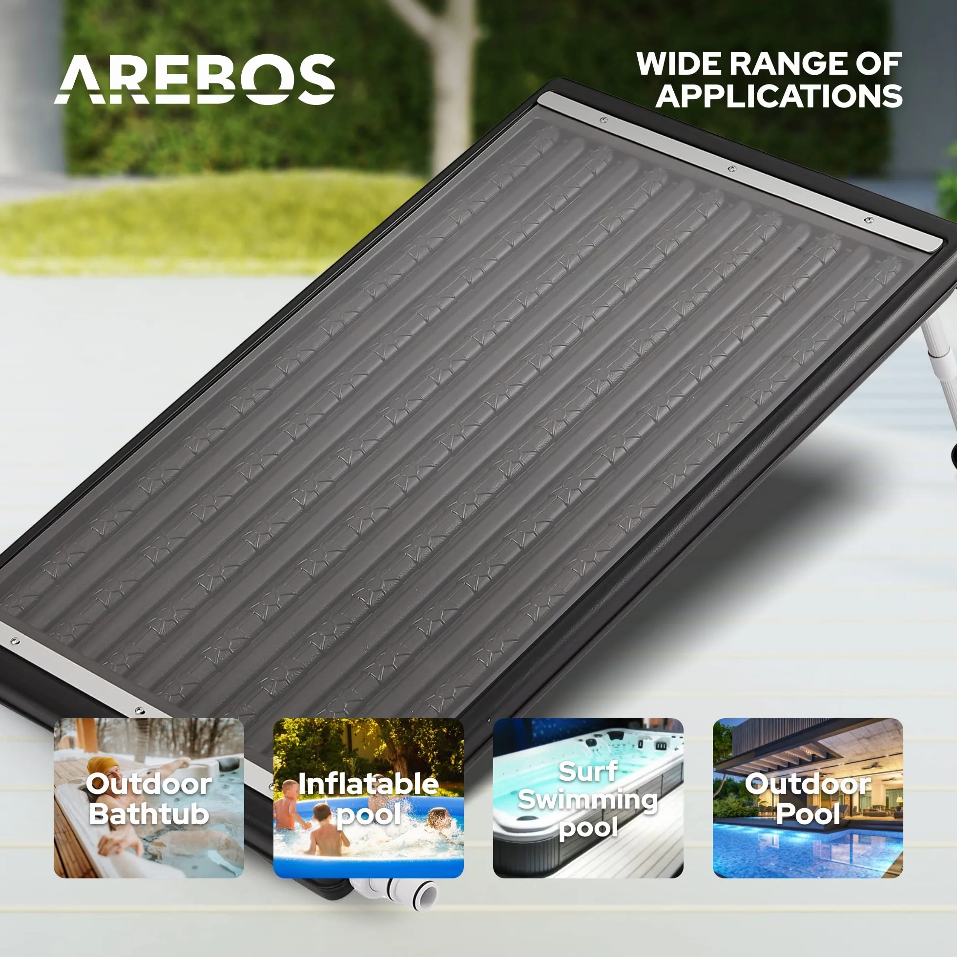 Arebos Słoneczny podgrzewacz basenu | 110 x 65 x 7,5 cm Słoneczny podgrzewacz basenu | pojemność do 15 litrów | przepływ do 10 000 L/h | przyłącze węża Ø 32/38 mm | materiały montażowe w zestawie