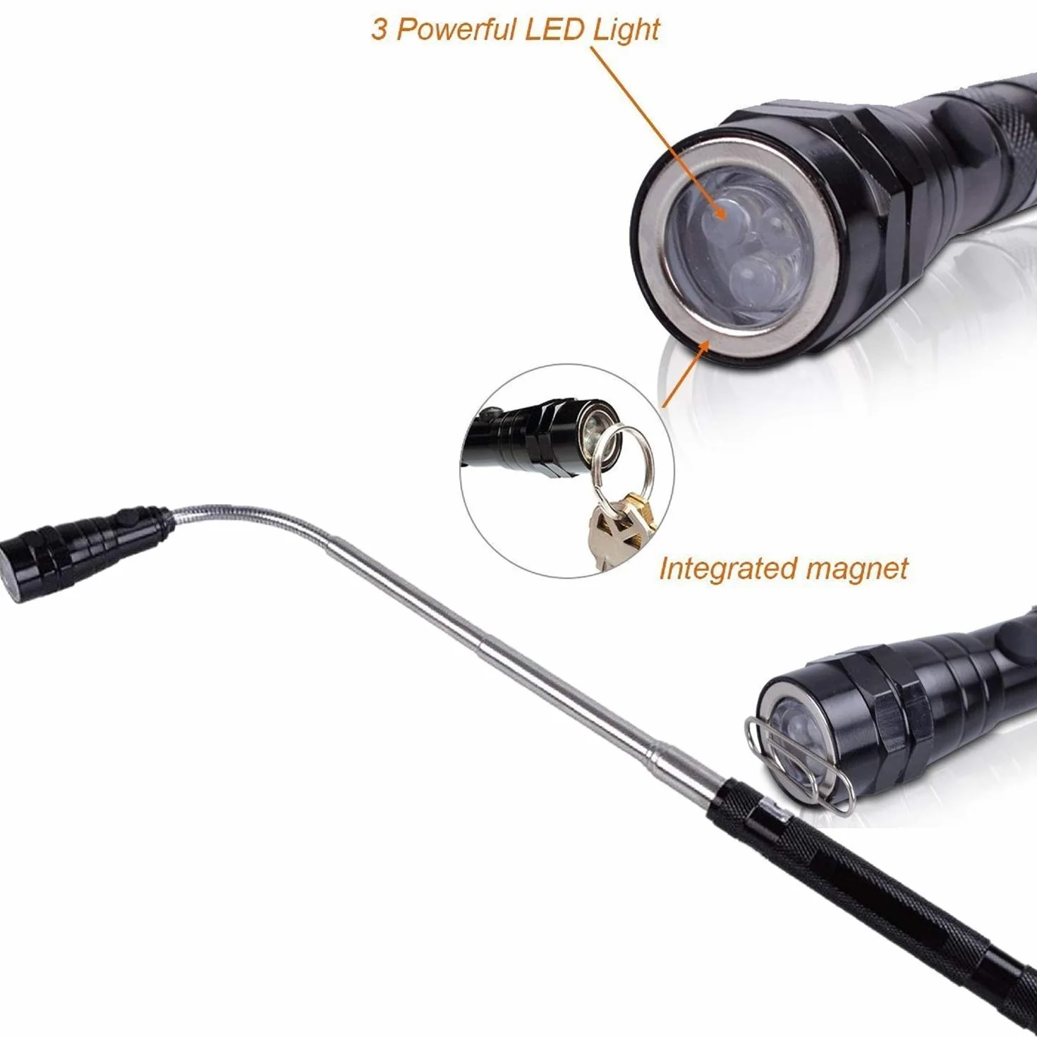 Queta Zestaw 5 sztuk magnetycznych teleskopowych chwytaków z rozsuwanym zestawem narzędzi z prętkiem do podnoszenia, lampkami LED, lustrem inspekcyjnym i latarką, teleskopowa rękojeść obracająca się o