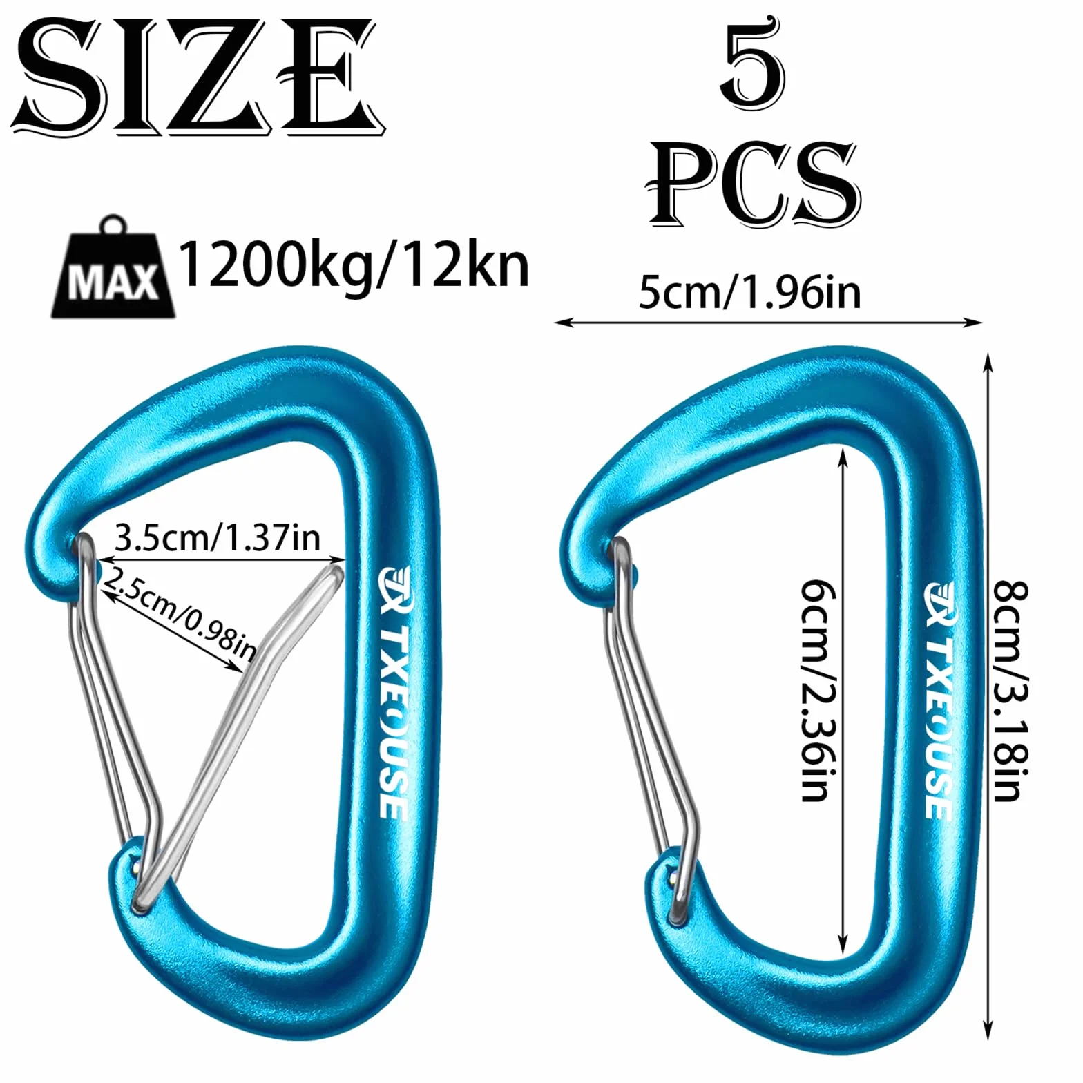Karabinek, 5 sztuk karabińczyków wspinaczkowych 7075 aluminium Ultralight 12KN (1200 kg), kształt D, do wspinaczki górskiej, hamaka, kempingu, plecaka, turystyki piesze(5 kolorów)