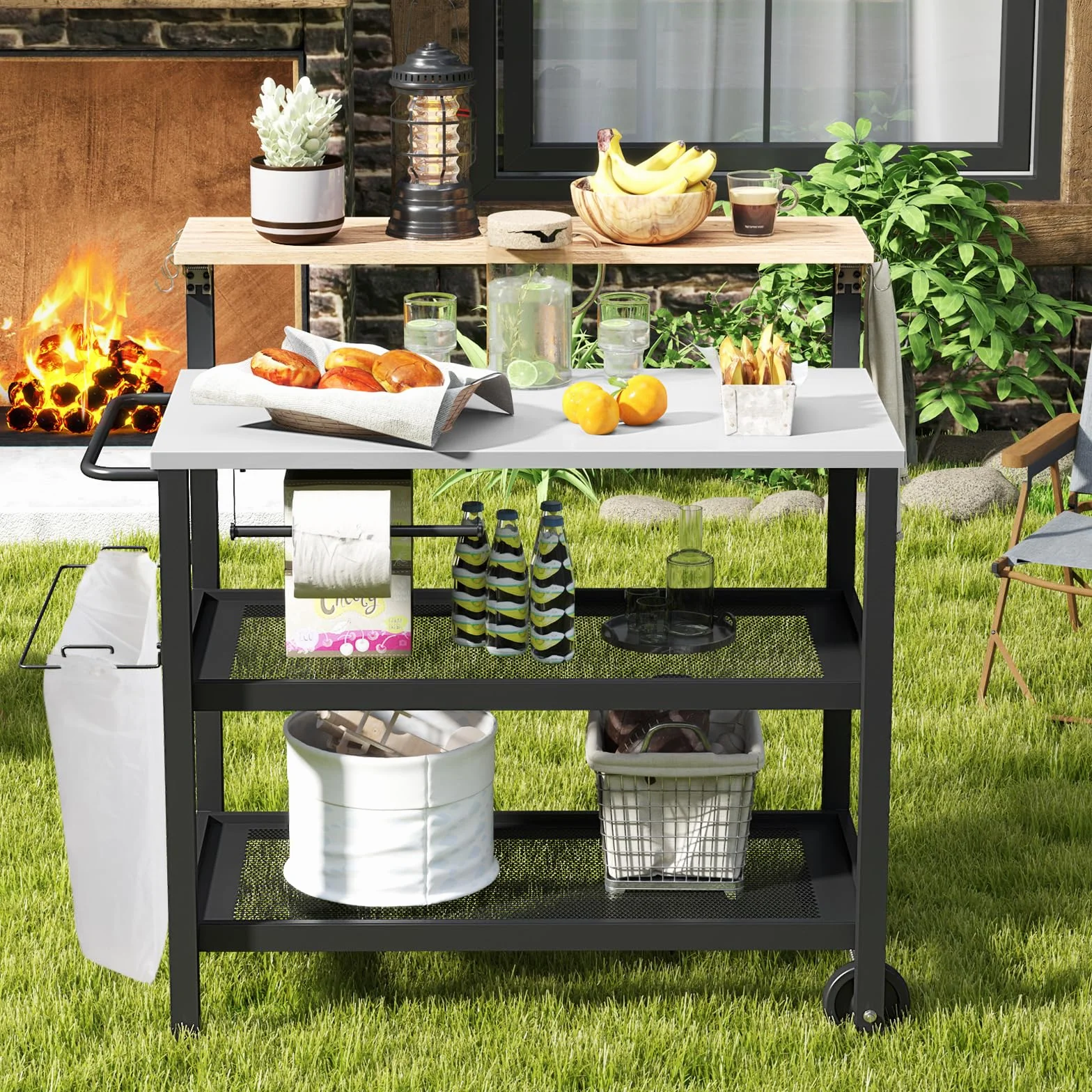 GIANTEX Wózek grillowy, 4 poziomy, wózek do serwowania na zewnątrz, stół do grillowania z rozkładanym blatem górnym, wózek kuchenny na kółkach, wózek do grillowania z uchwytem na worek na śmieci