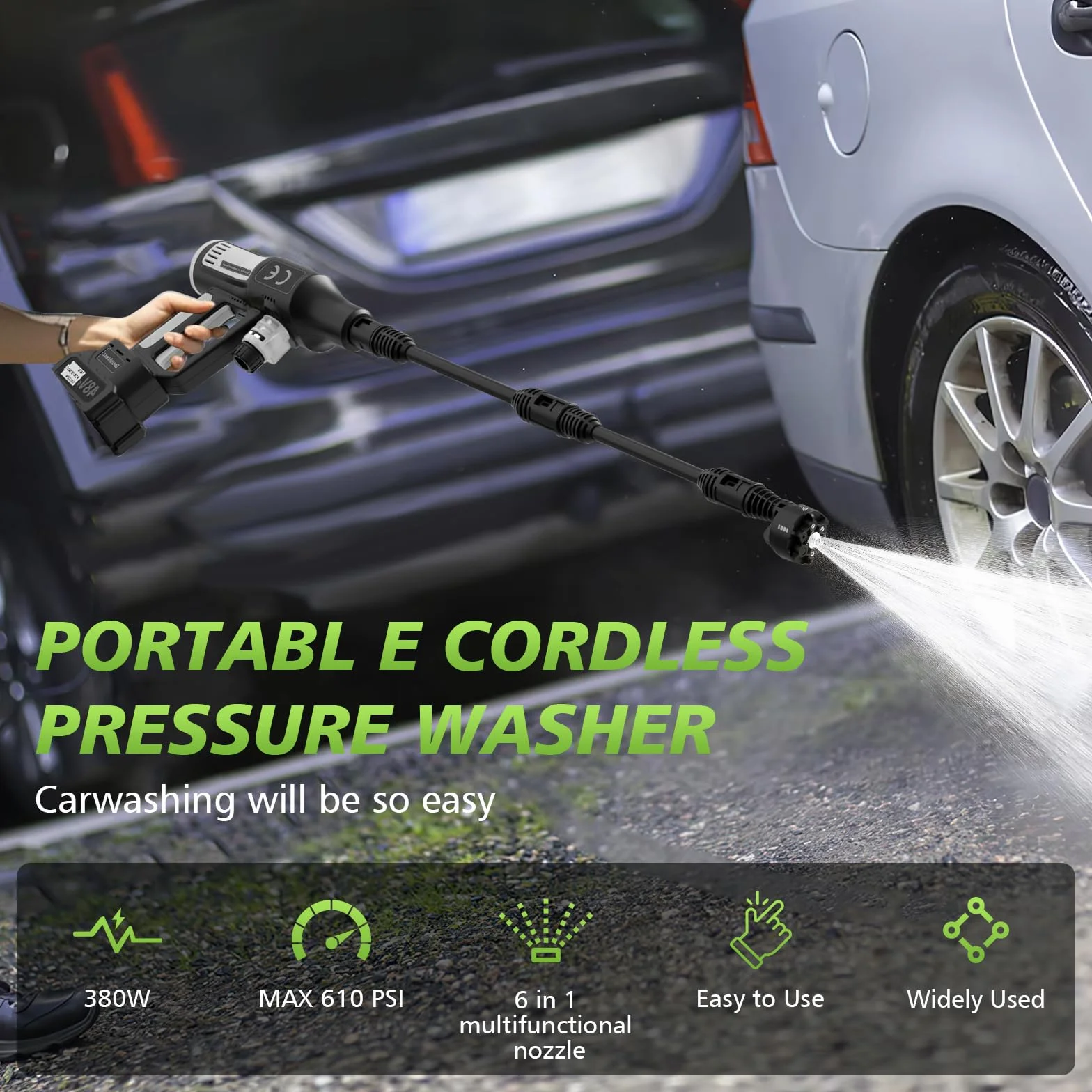 Akumulatorowa myjka wysokociśnieniowa, 610 PSI, 380 W, kompatybilna z akumulatorem Makita 18 V, przenośna myjka wysokociśnieniowa z wielofunkcyjną dyszą natryskową 6 w 1, 4 poziomy czyszczenia, wąż 5